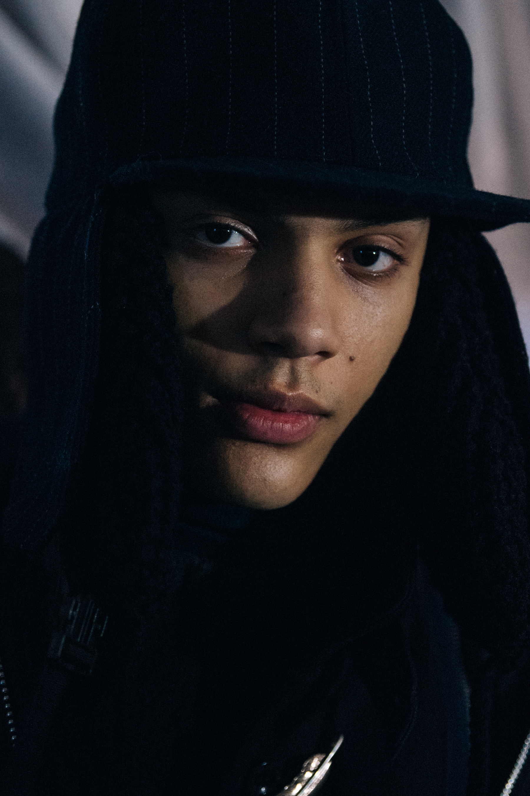 Portrait of model wearing trapper hat