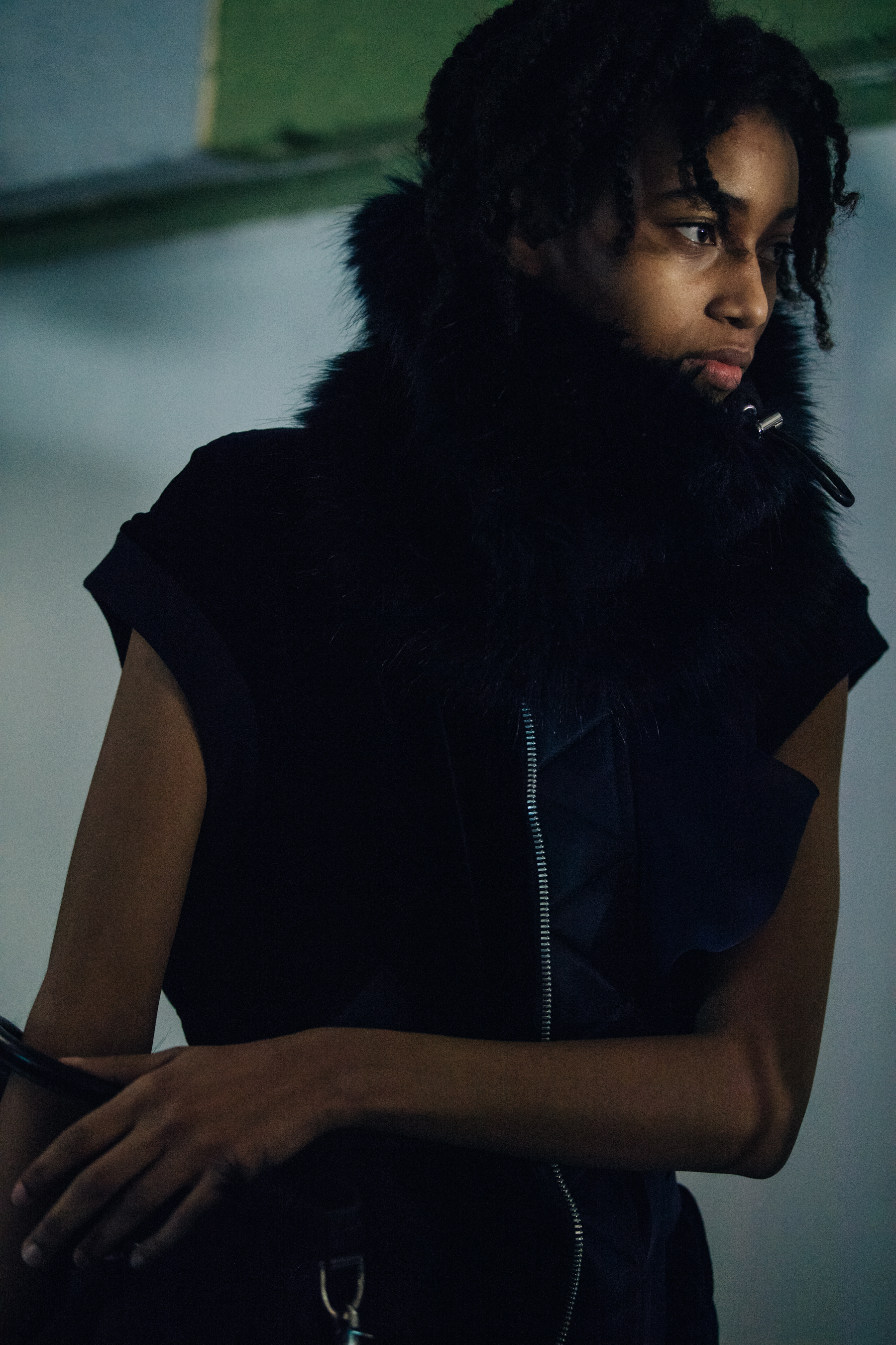 Model wearing black Sacai outfit