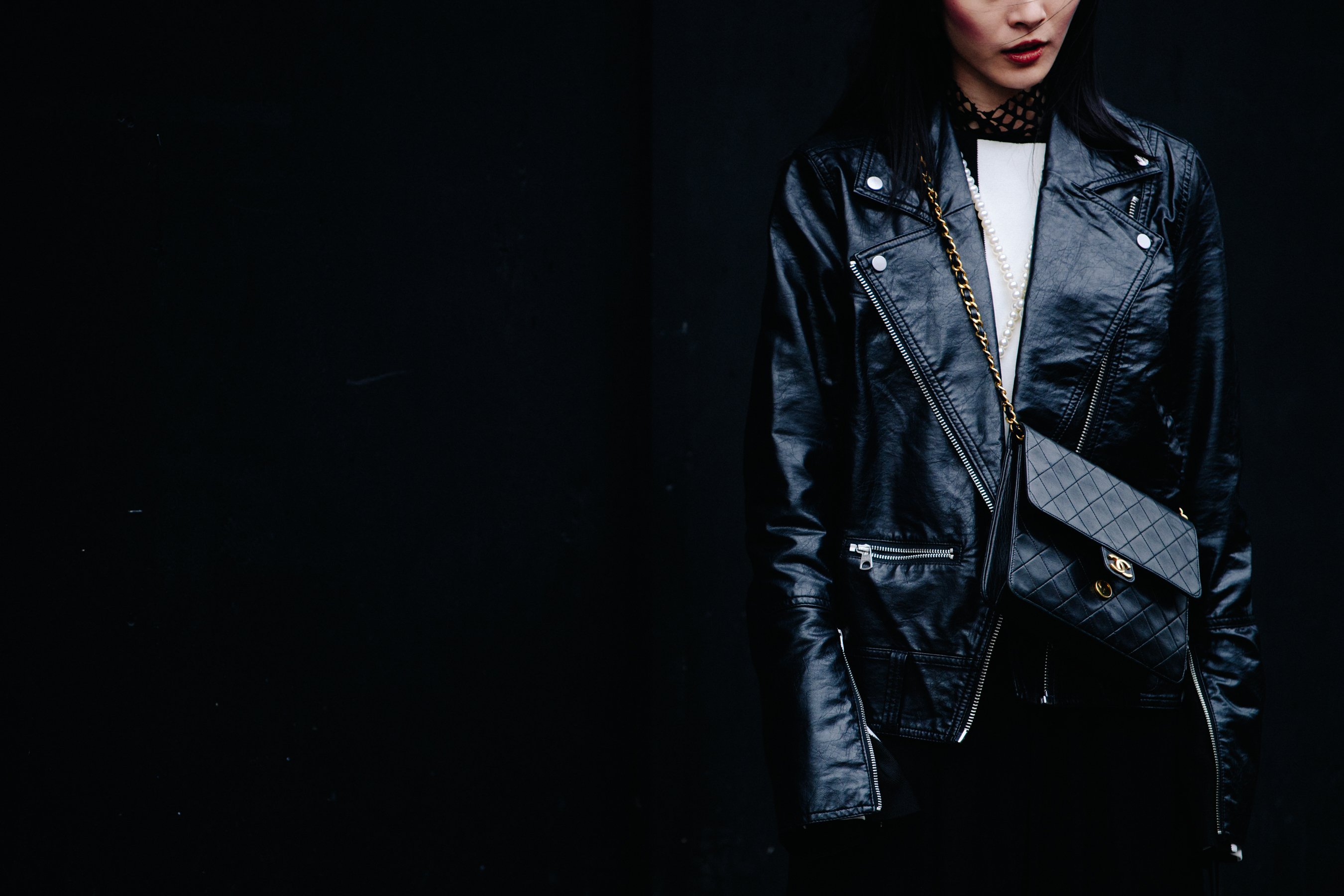 Woman wearing leather jacket