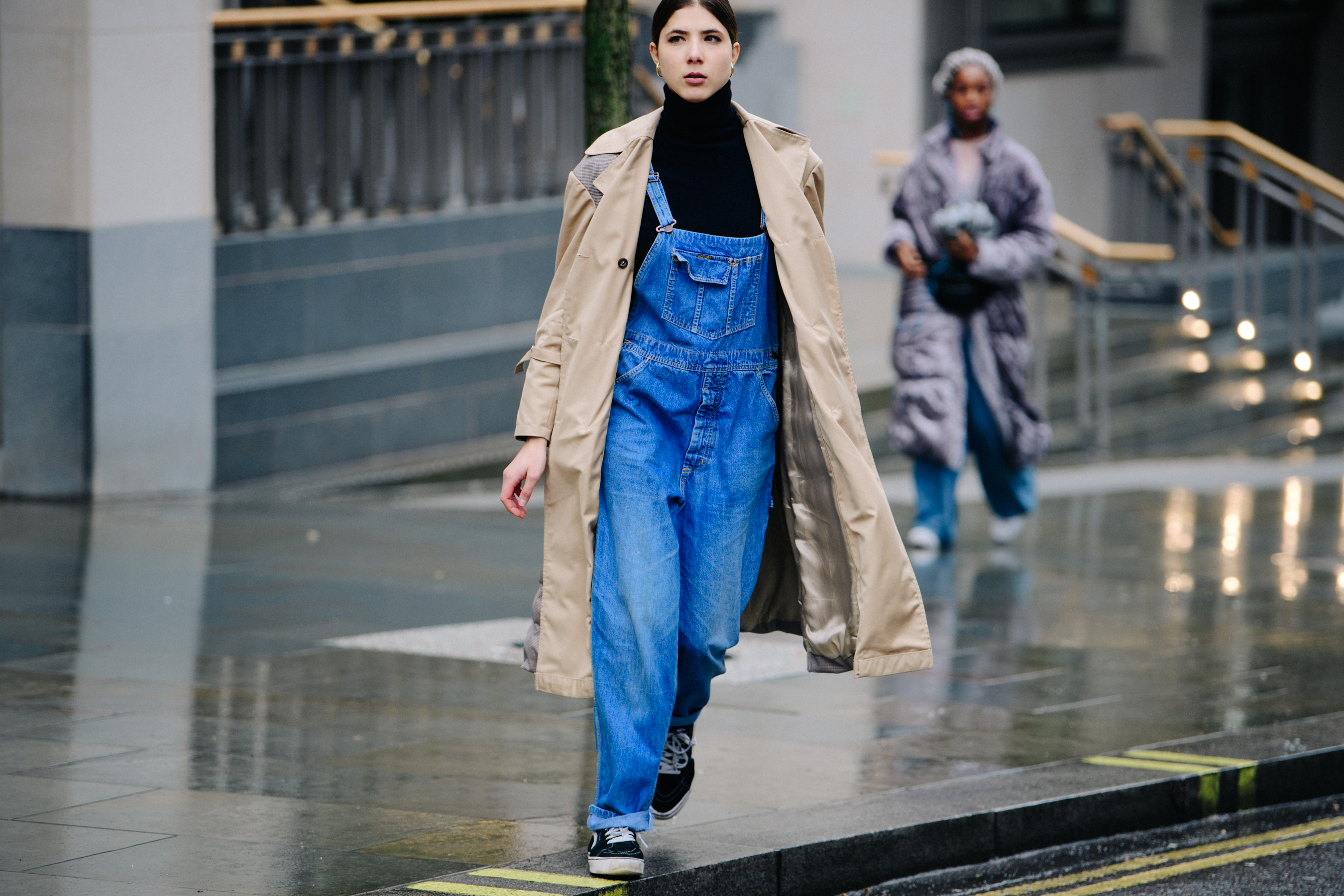 British girl wearing denim dungarees
