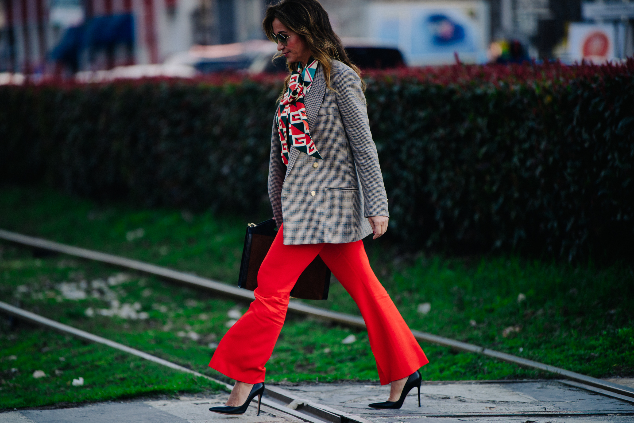 Woman wearing red pants