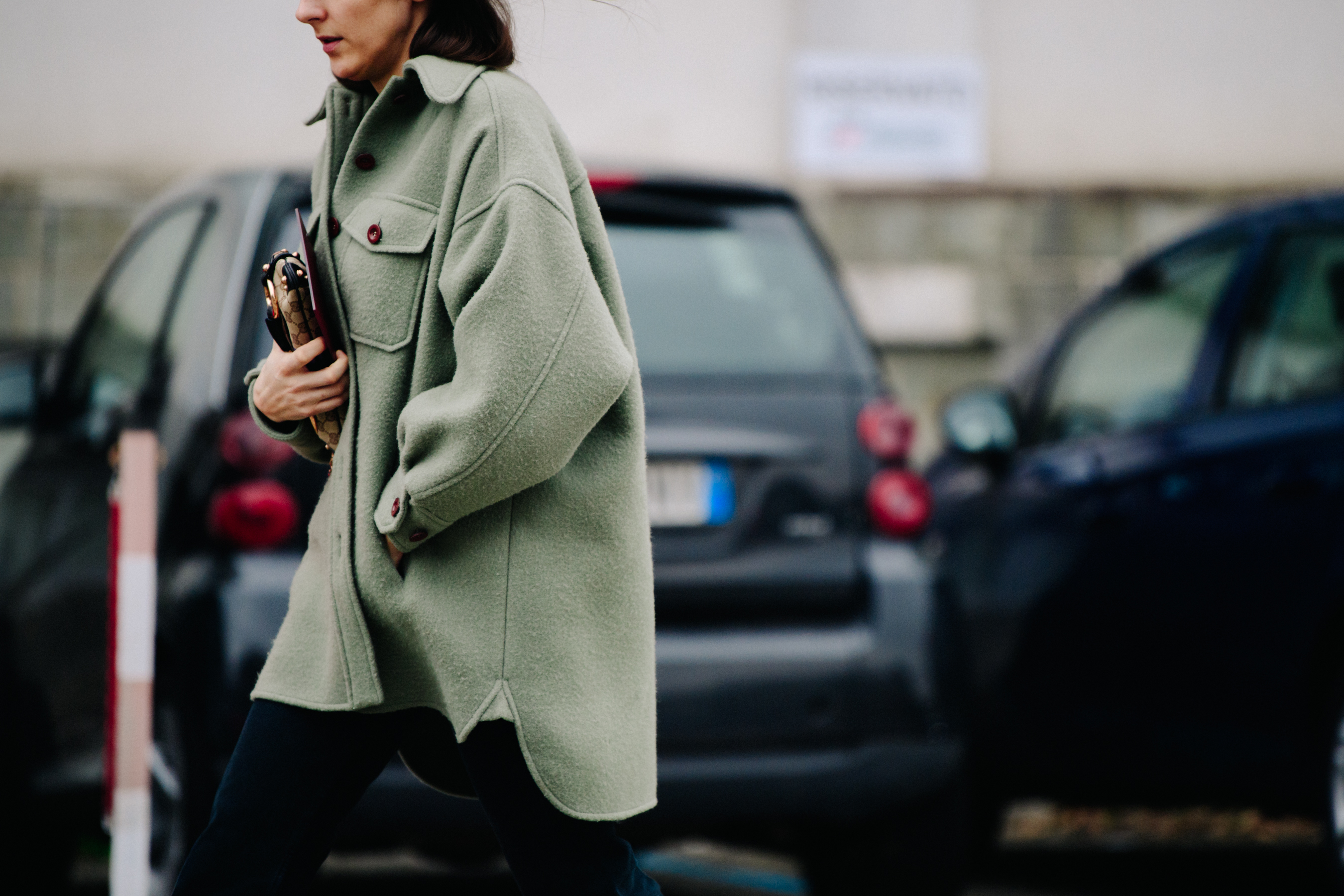 Woman wearing green wool shirt