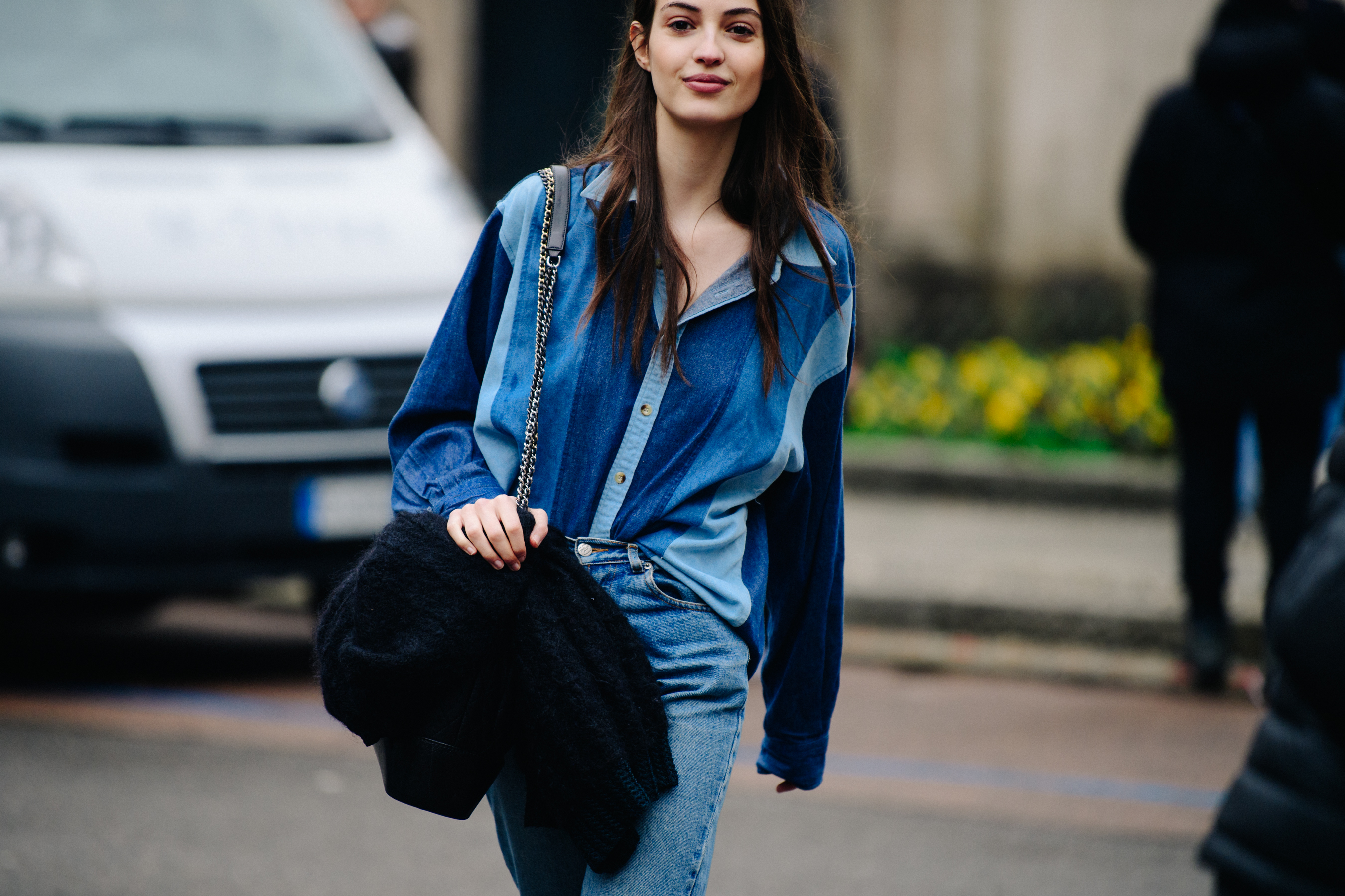French model wearing denim outfit