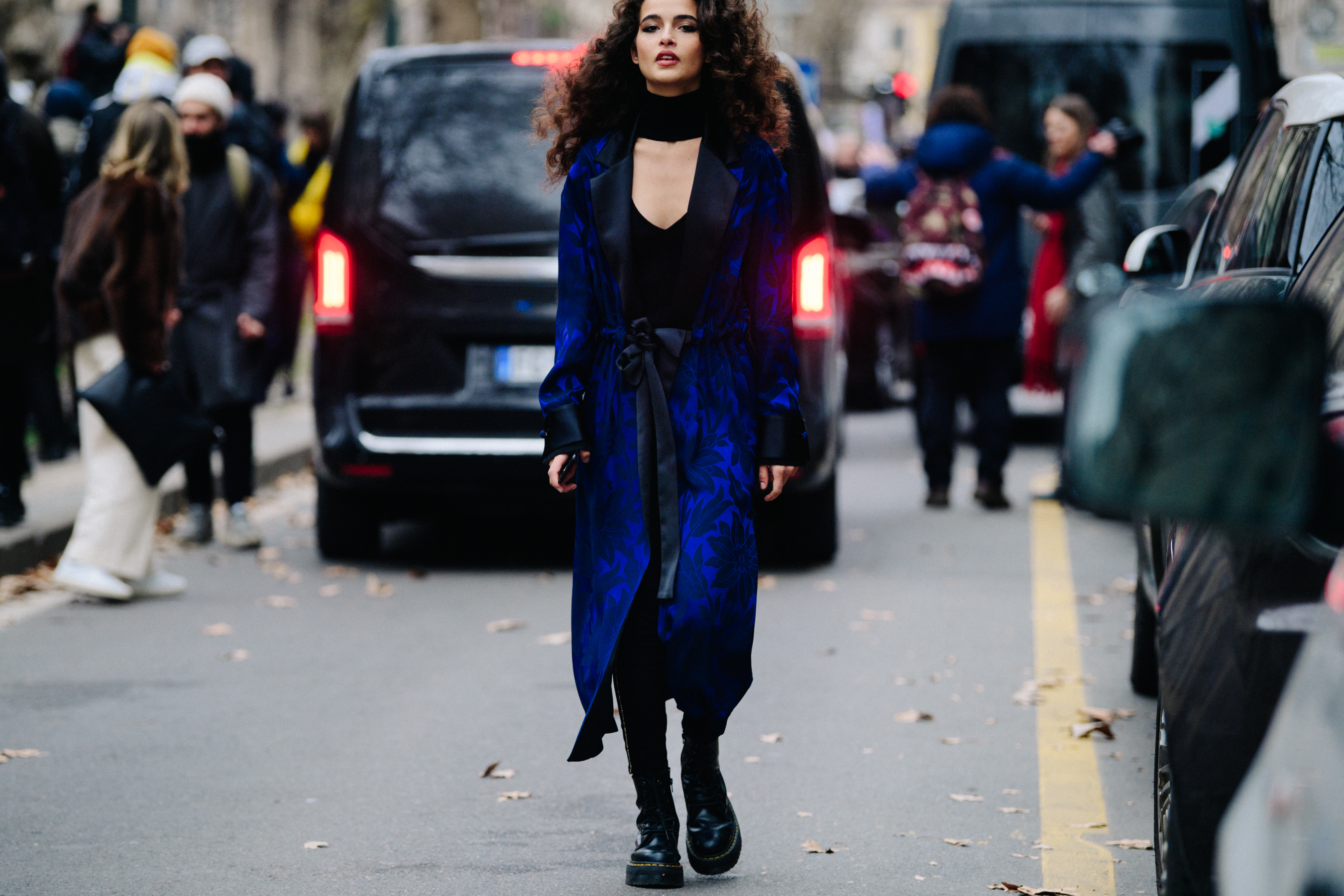 Italian model wearing blue dress