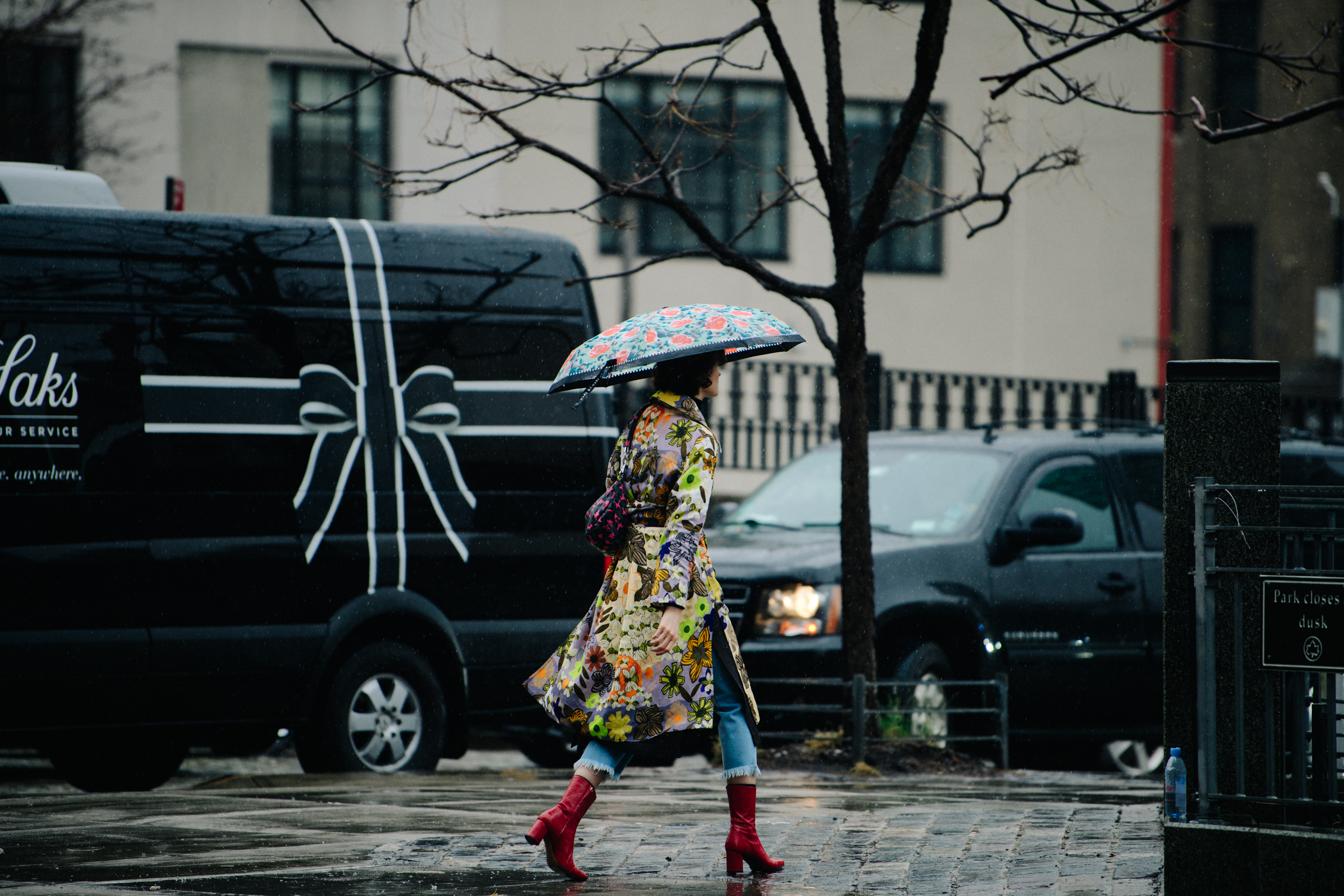 Woman wearing floral coat