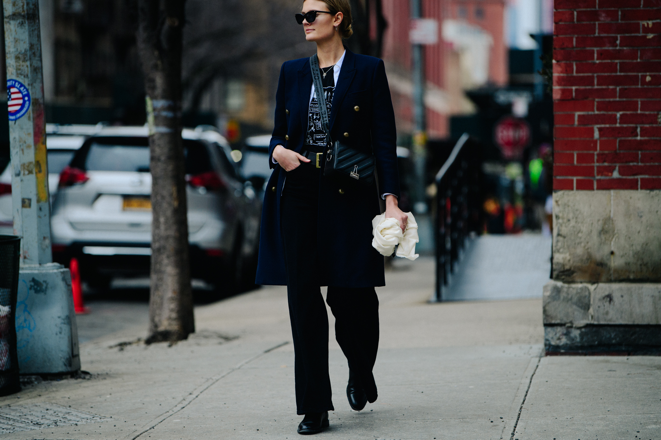 Woman wearing navy wool coat