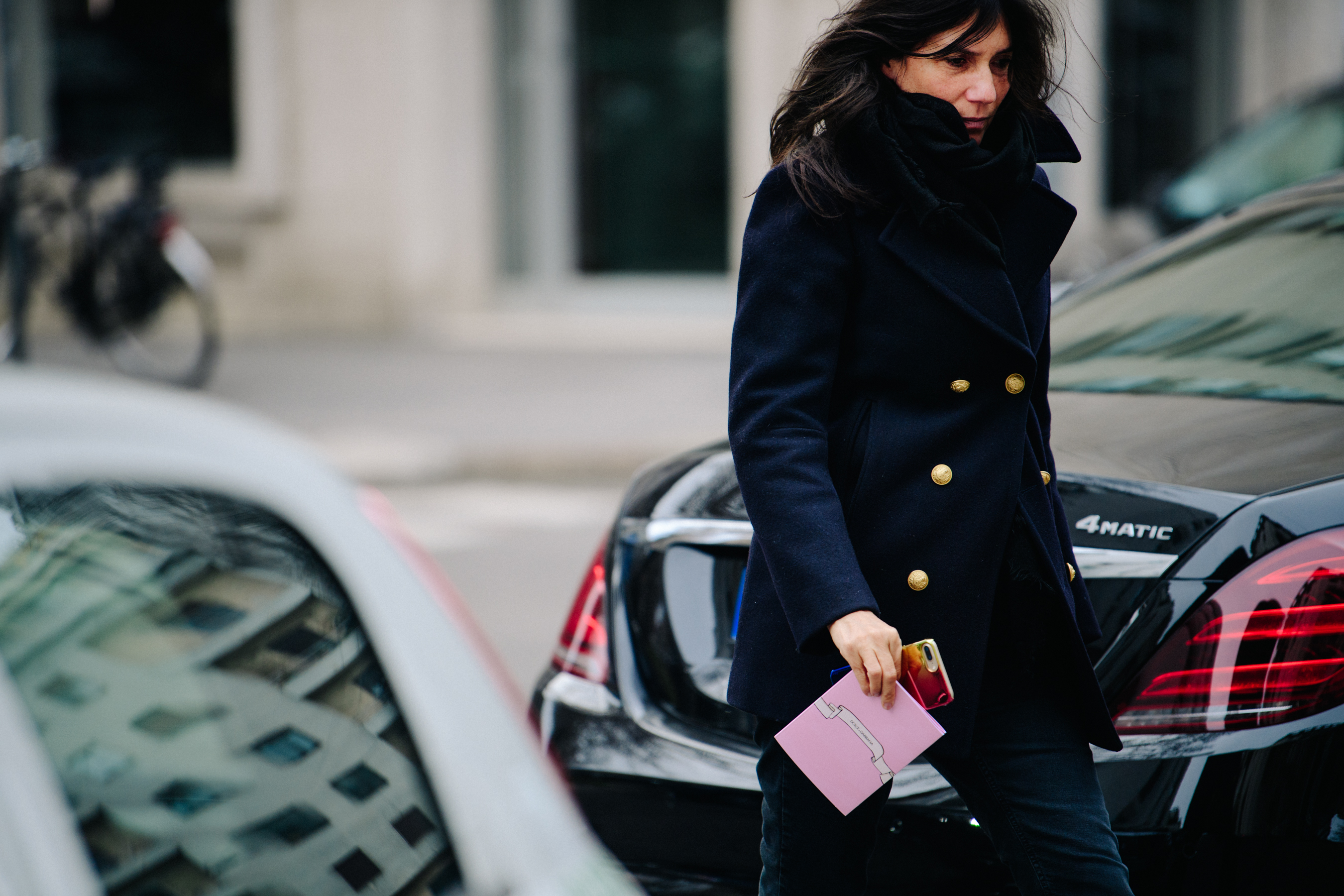 French woman wearing blue Navy coat
