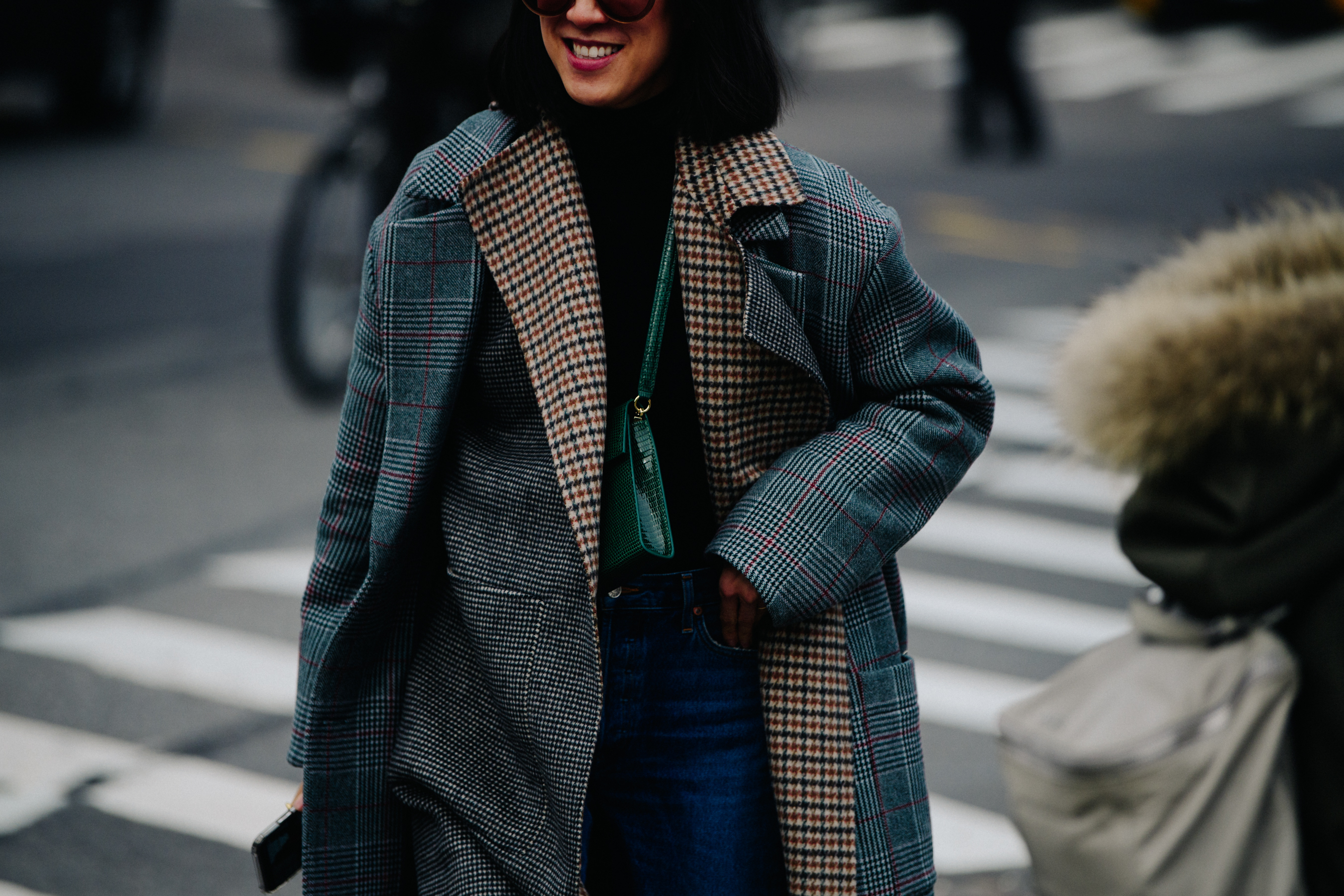 Asian women wearing grey check wool coat