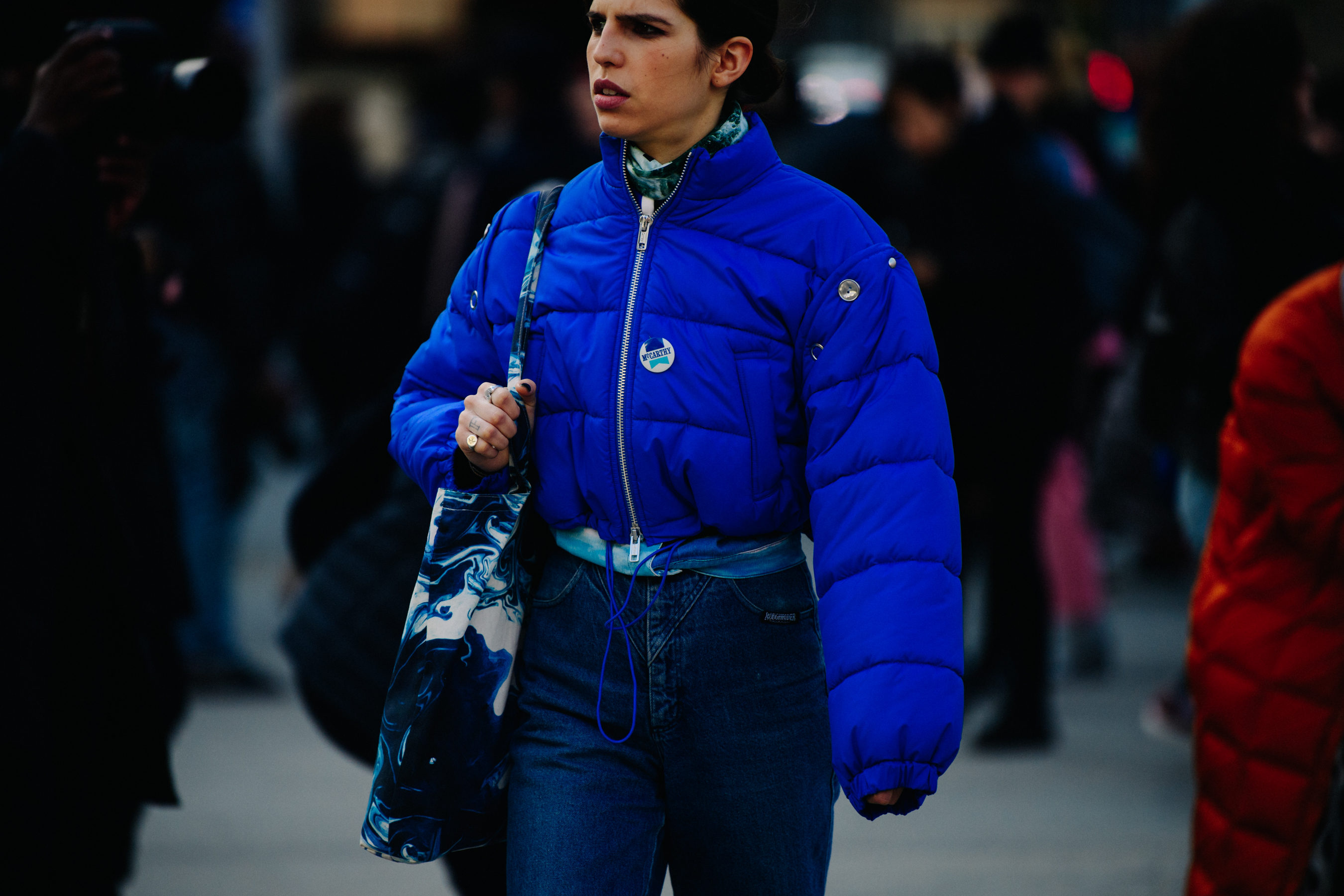Model wearing blue winter coat
