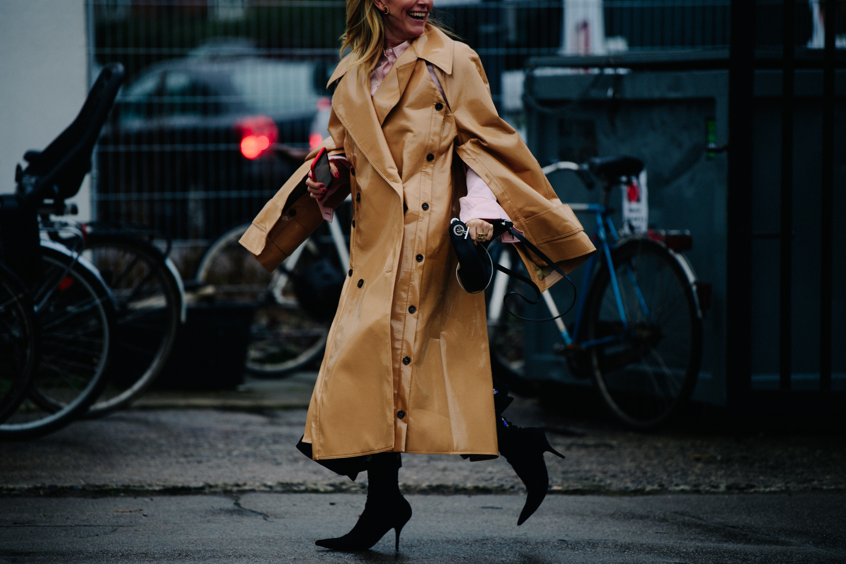 Norwegian blogger wearing brown plastic coat