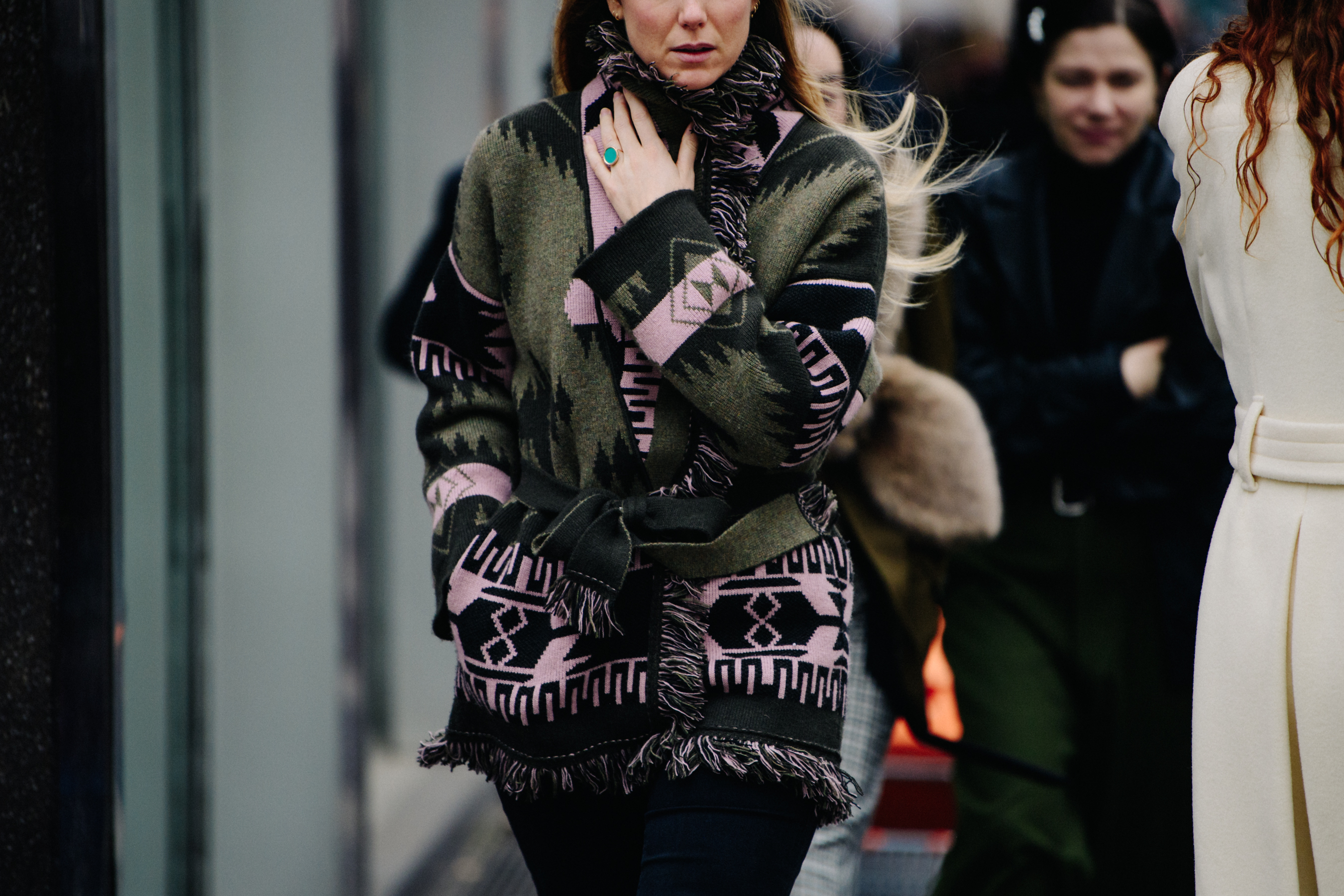 Woman wearing pattern cardigan