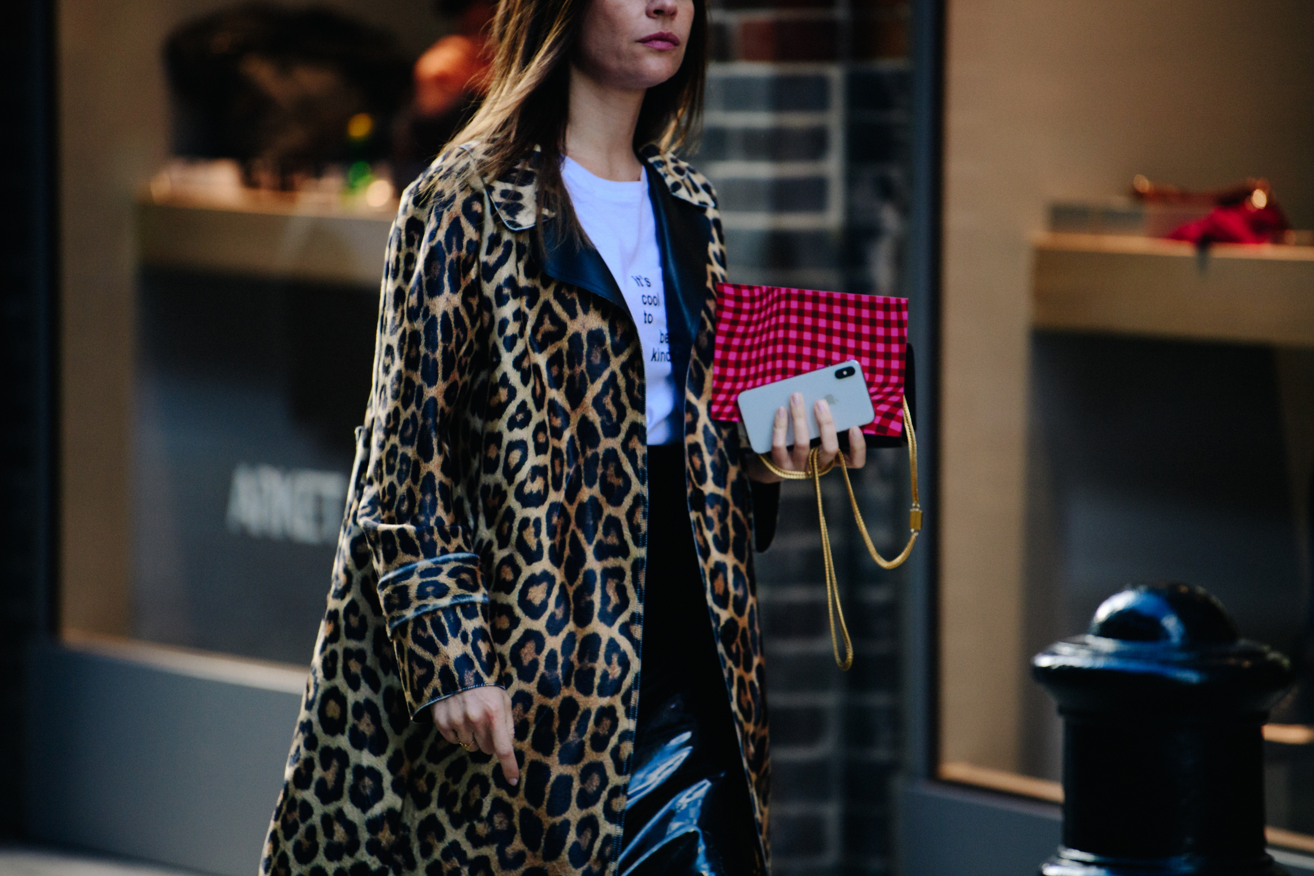 Woman wearing animal print coat