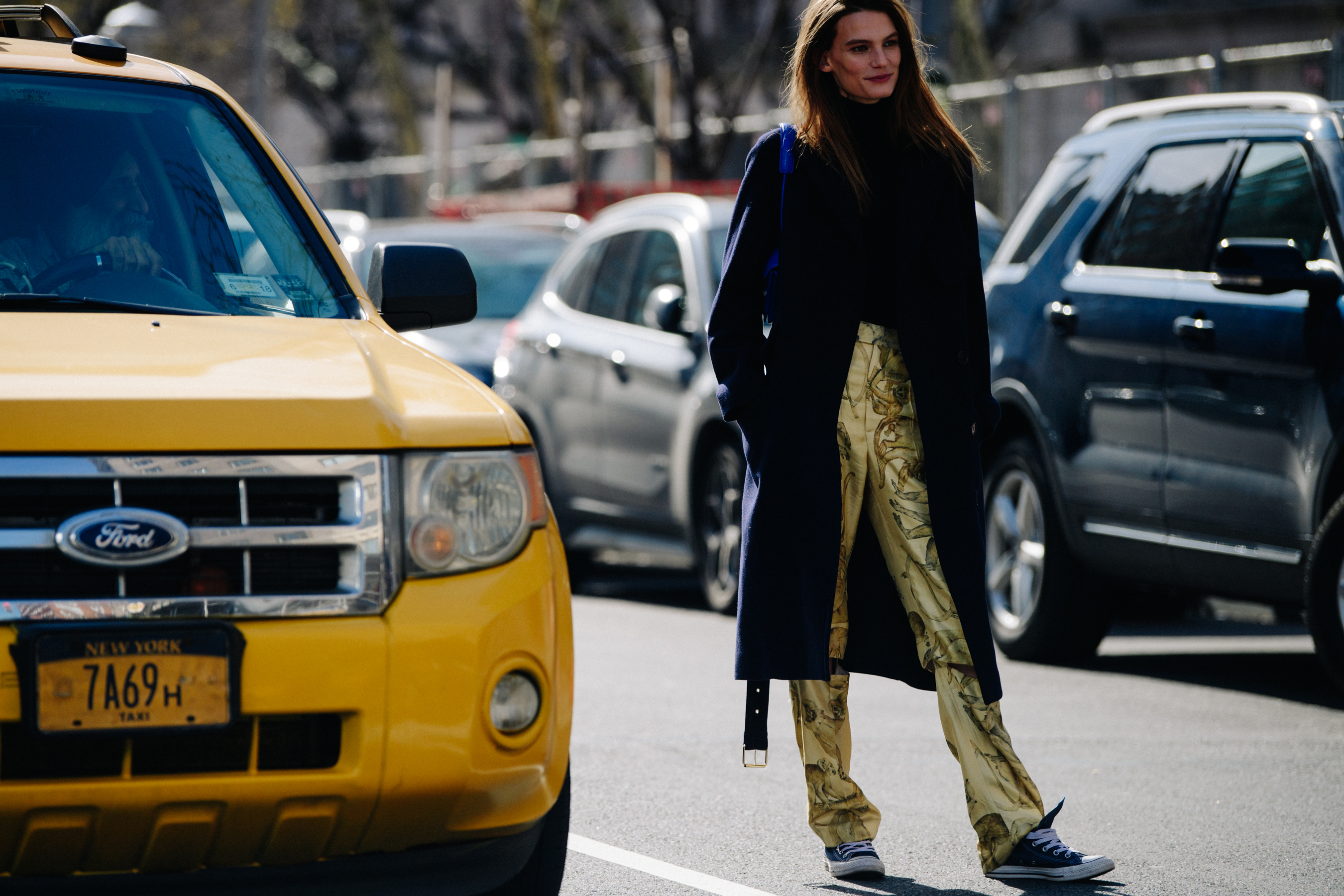 Model wearing animal pattern pants