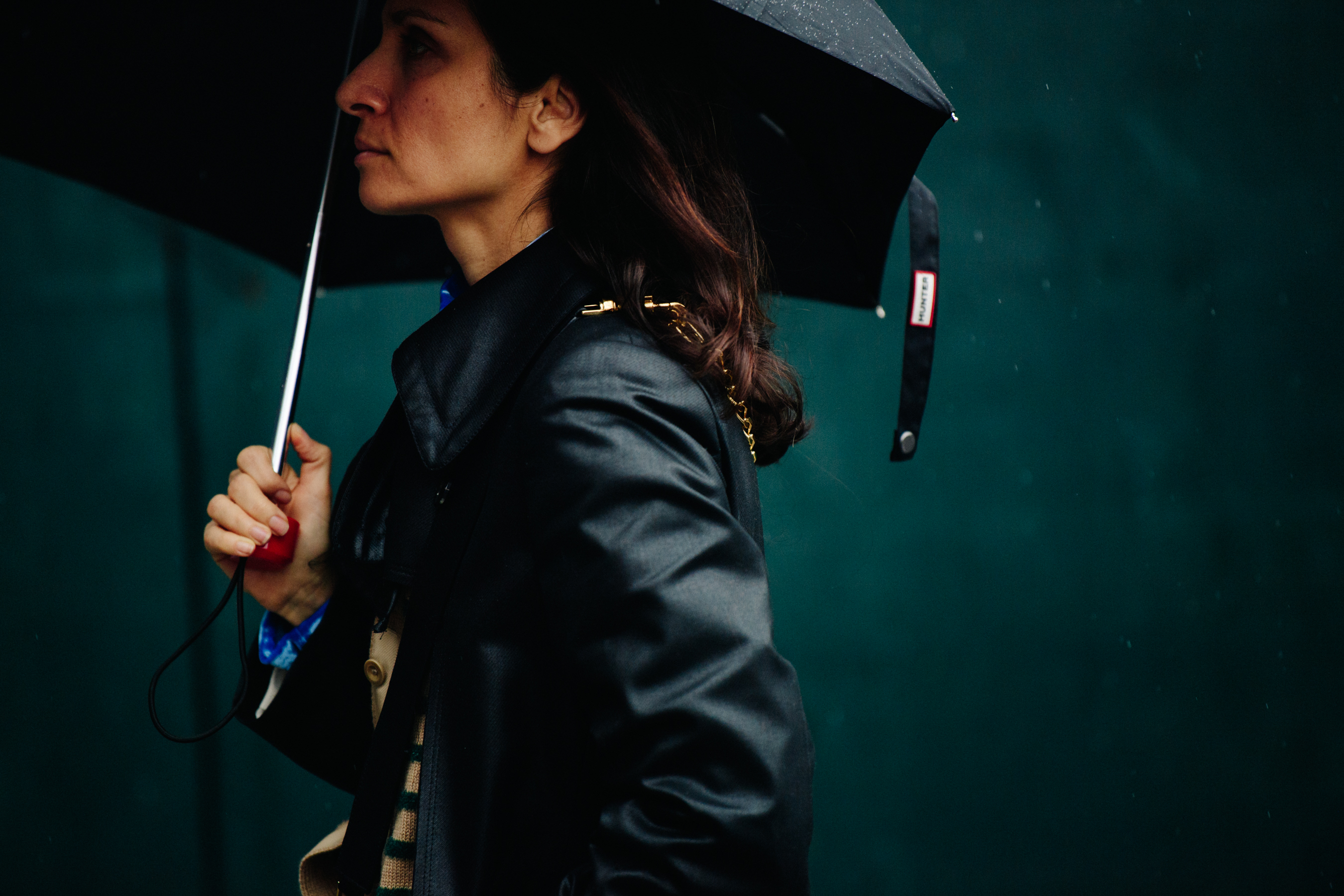 Woman wearing black leather jacket