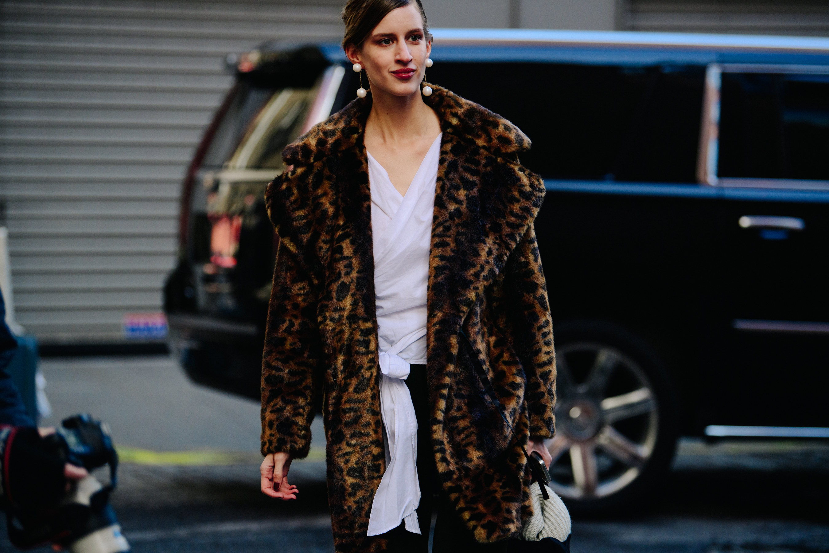 Model wearing animal print coat