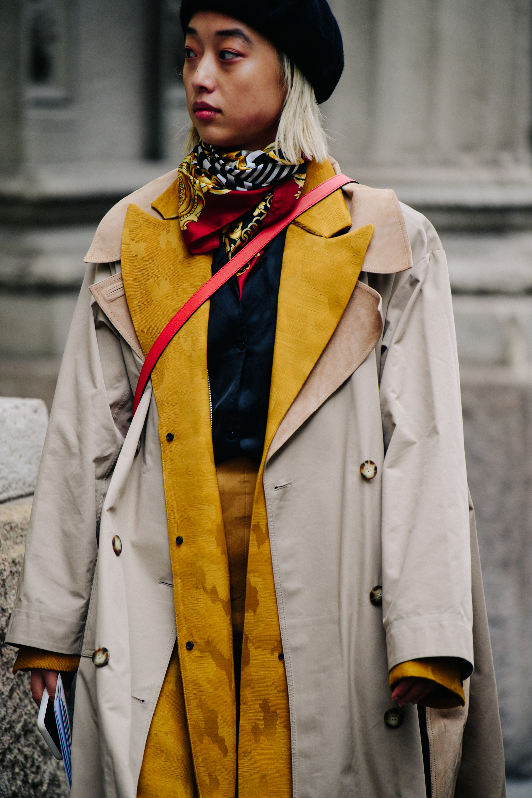 Australian blogger wearing long tan coat