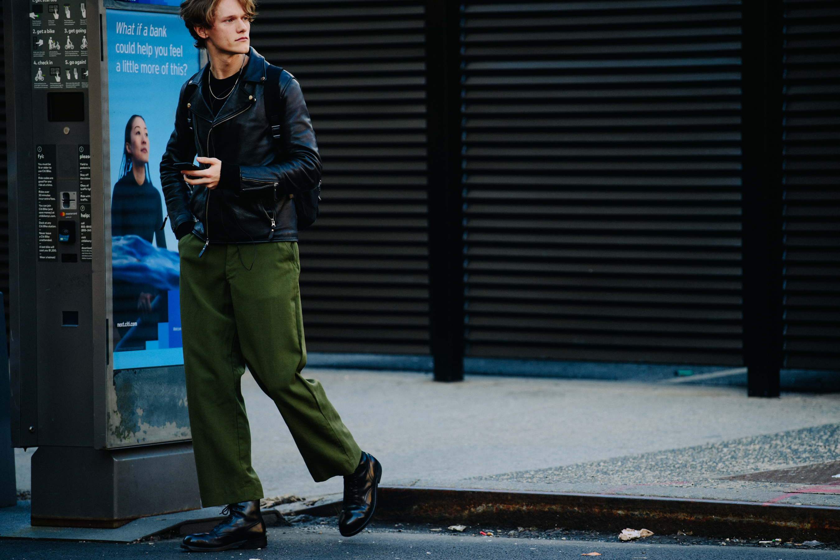 Model wearing green pants