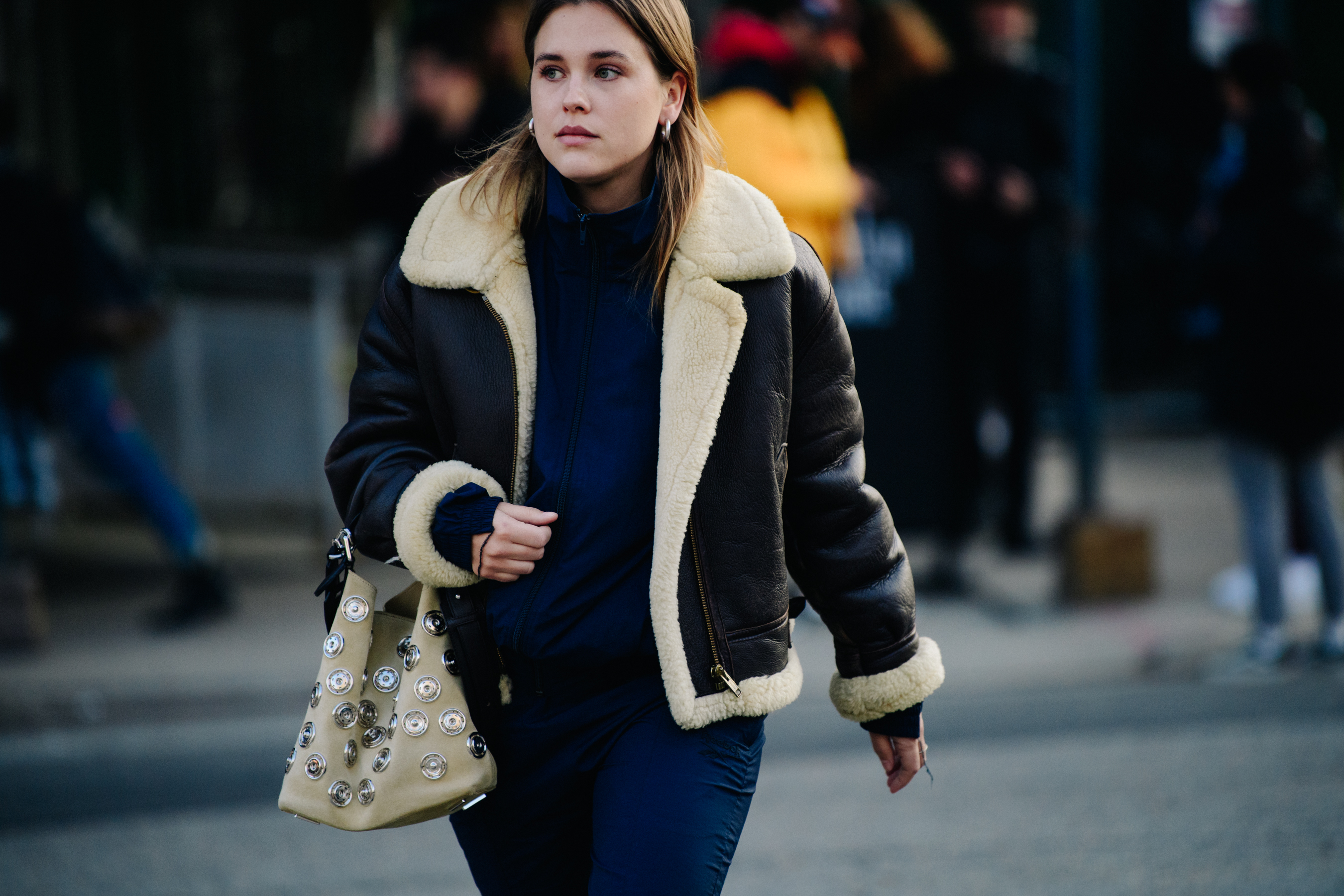 Woman wearing navy jumpsuit