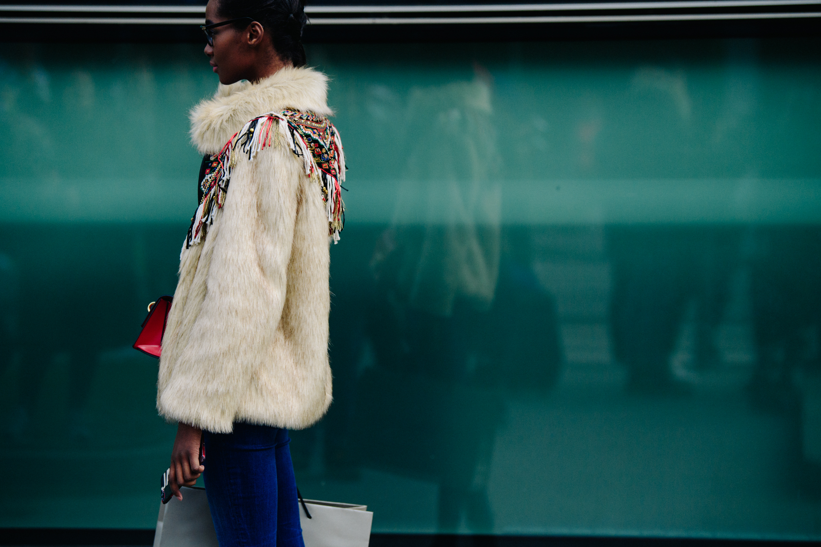 Model wearing fur jacket