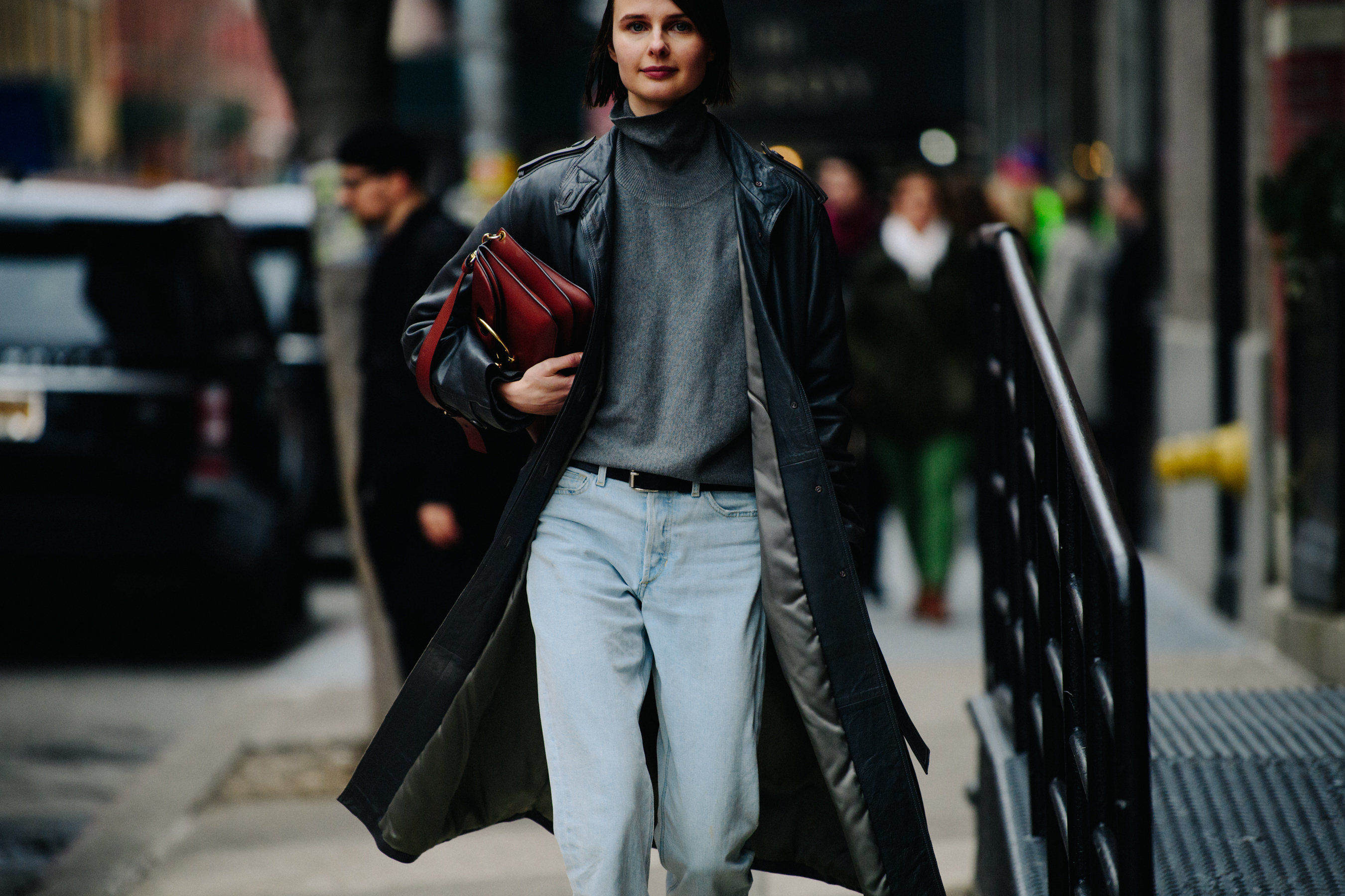 Model wearing long grey coat