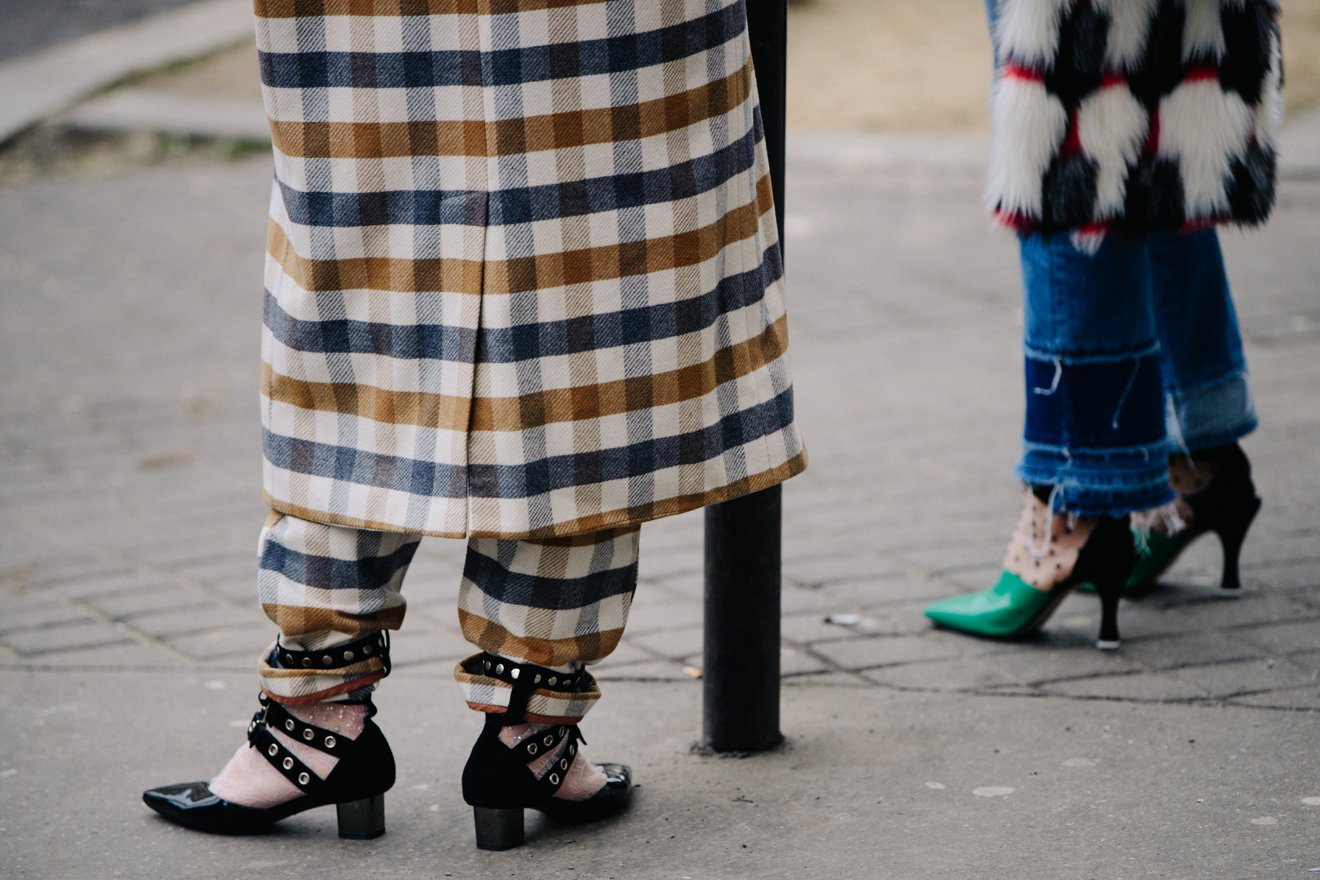 Woman wearing check wool coat