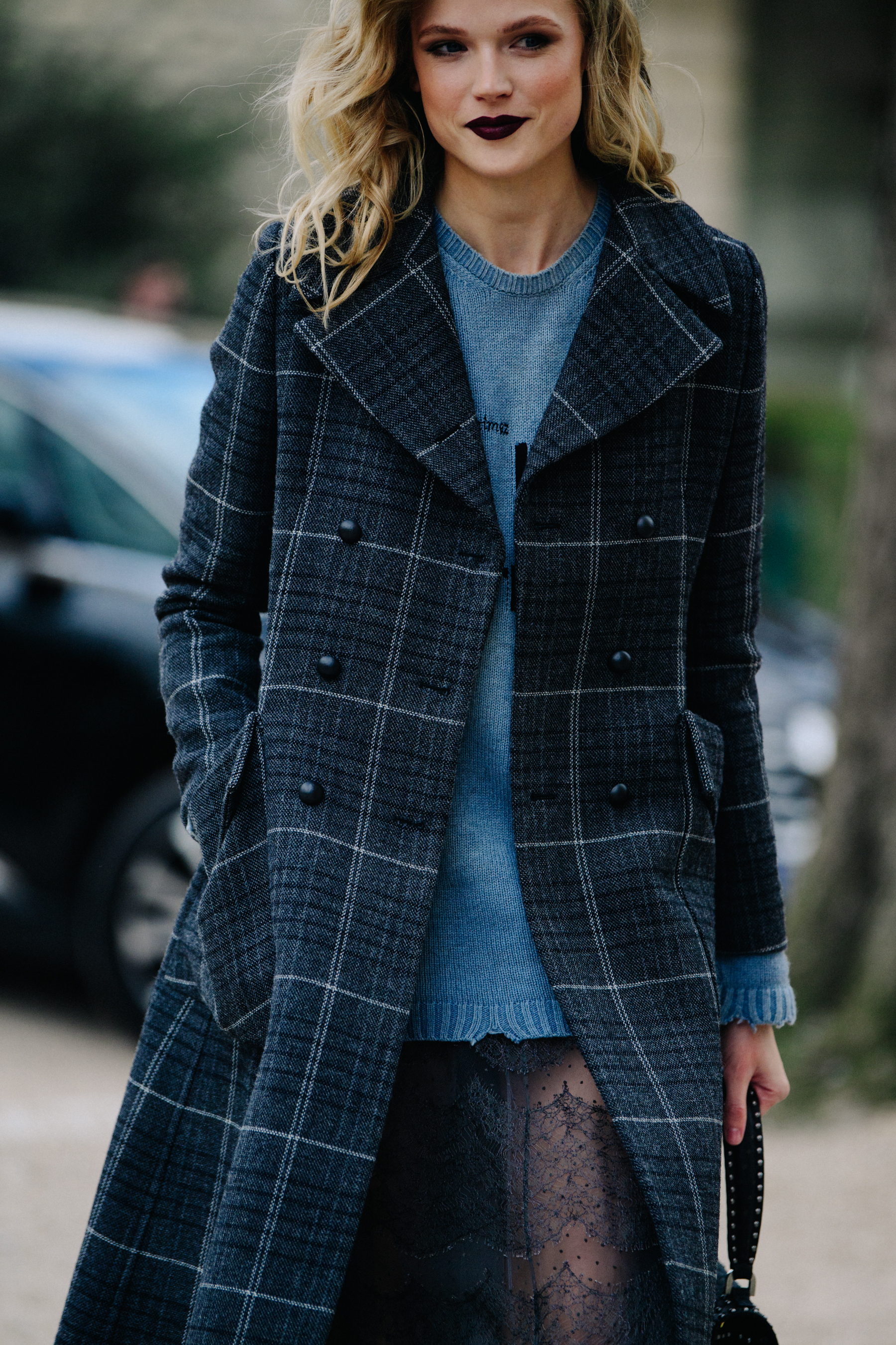 Woman wearing grey wool coat