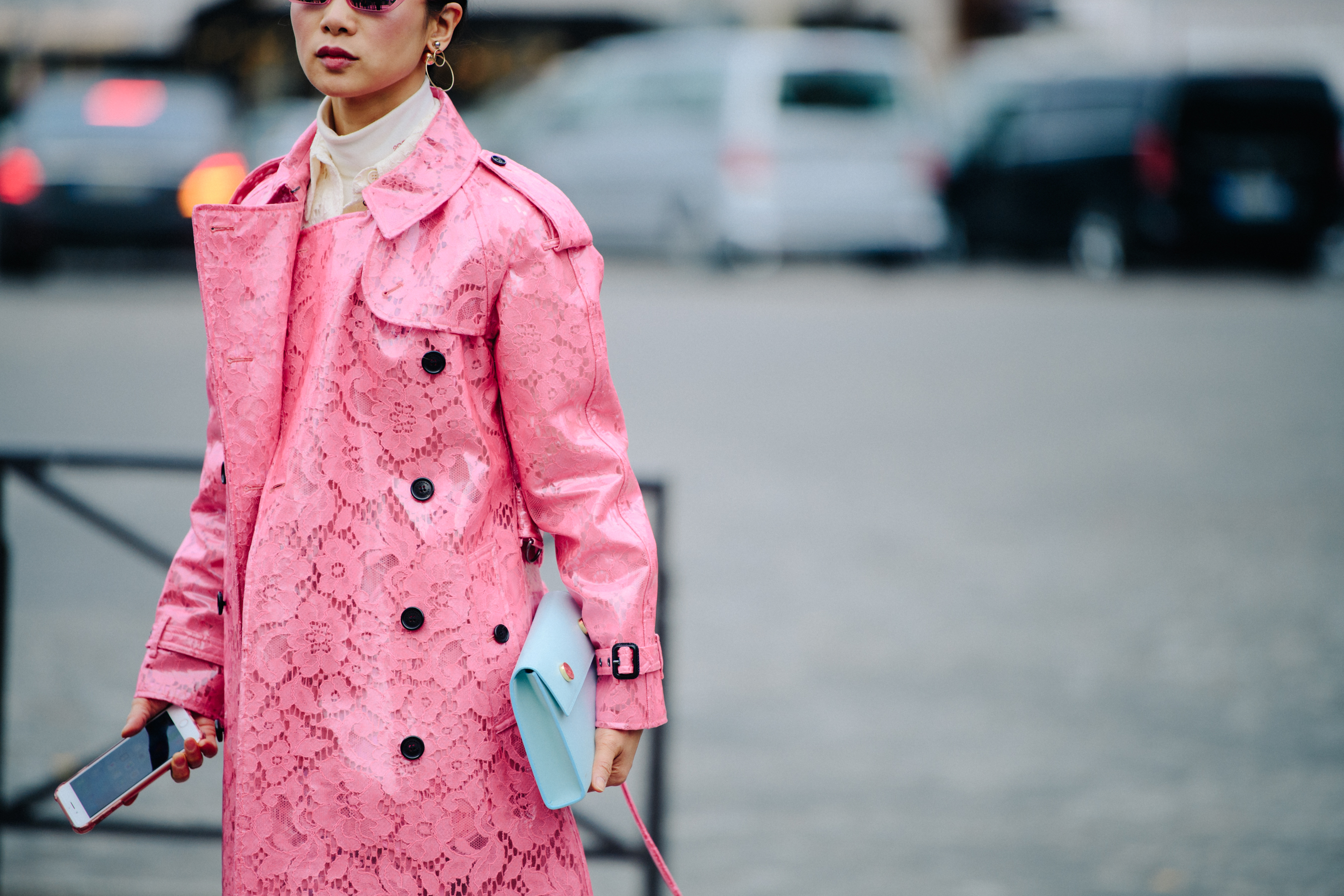 Woman wearing pink lace coat