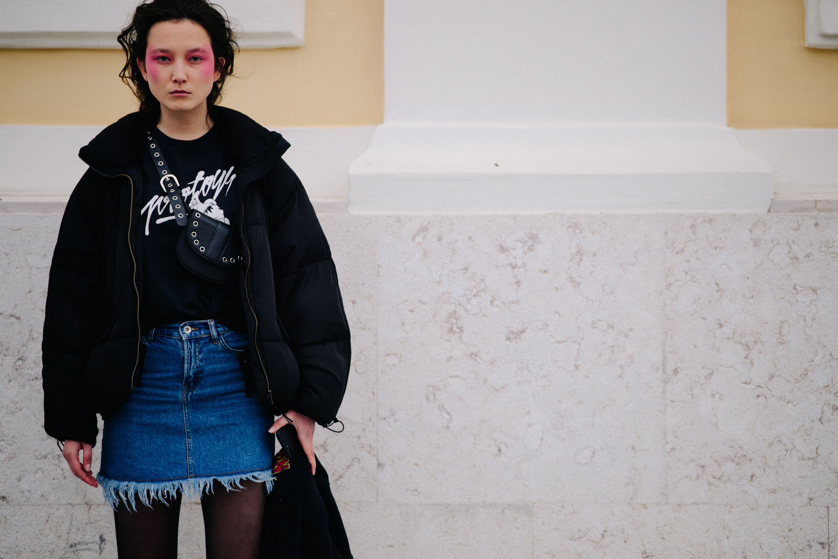 Model wearing denim skirt