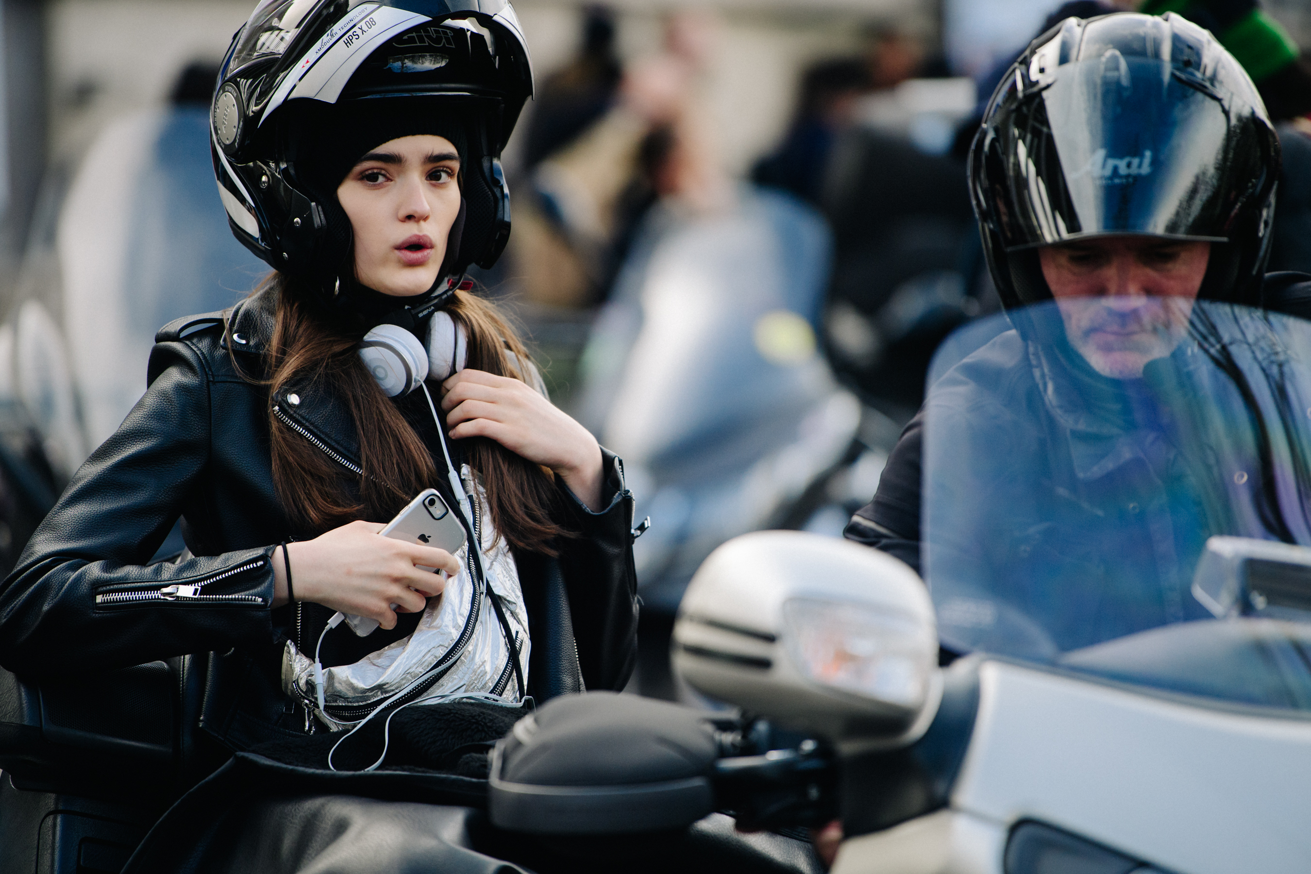 Model wearing motorcycle helmet