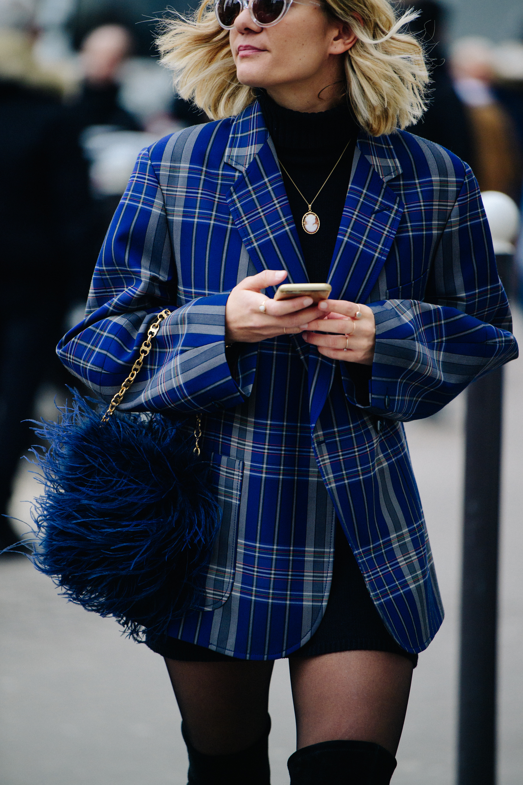 Woman wearing blue suit jacket