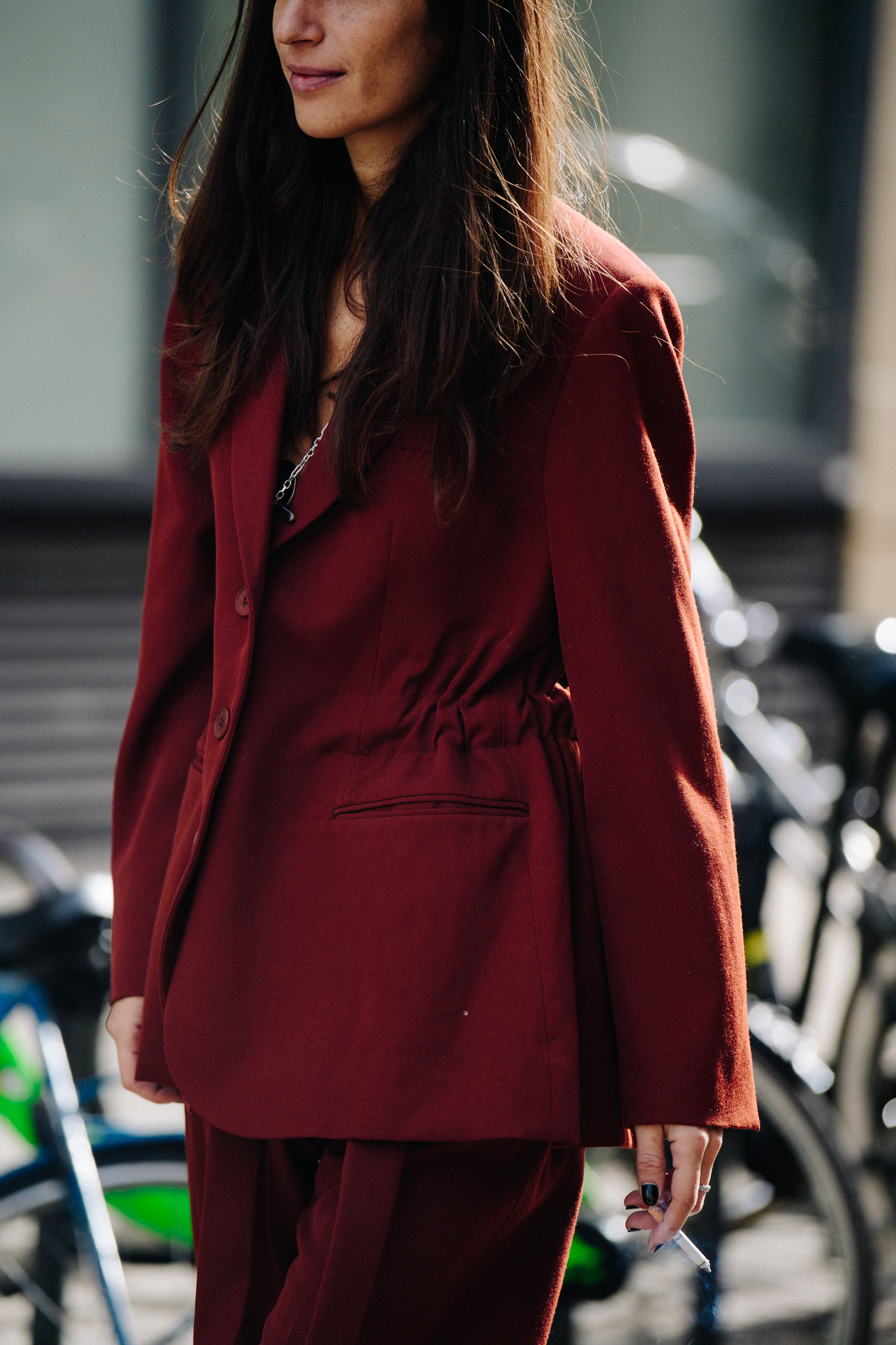 Woman wearing red suit jacket