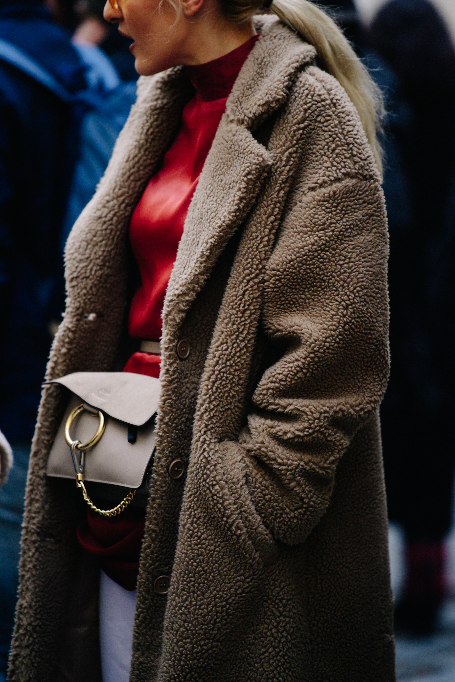 Woman wearing brown wool coat
