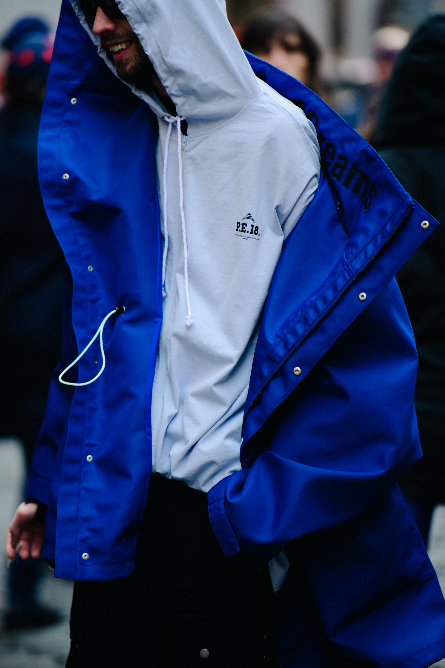 Man wearing blue raincoat