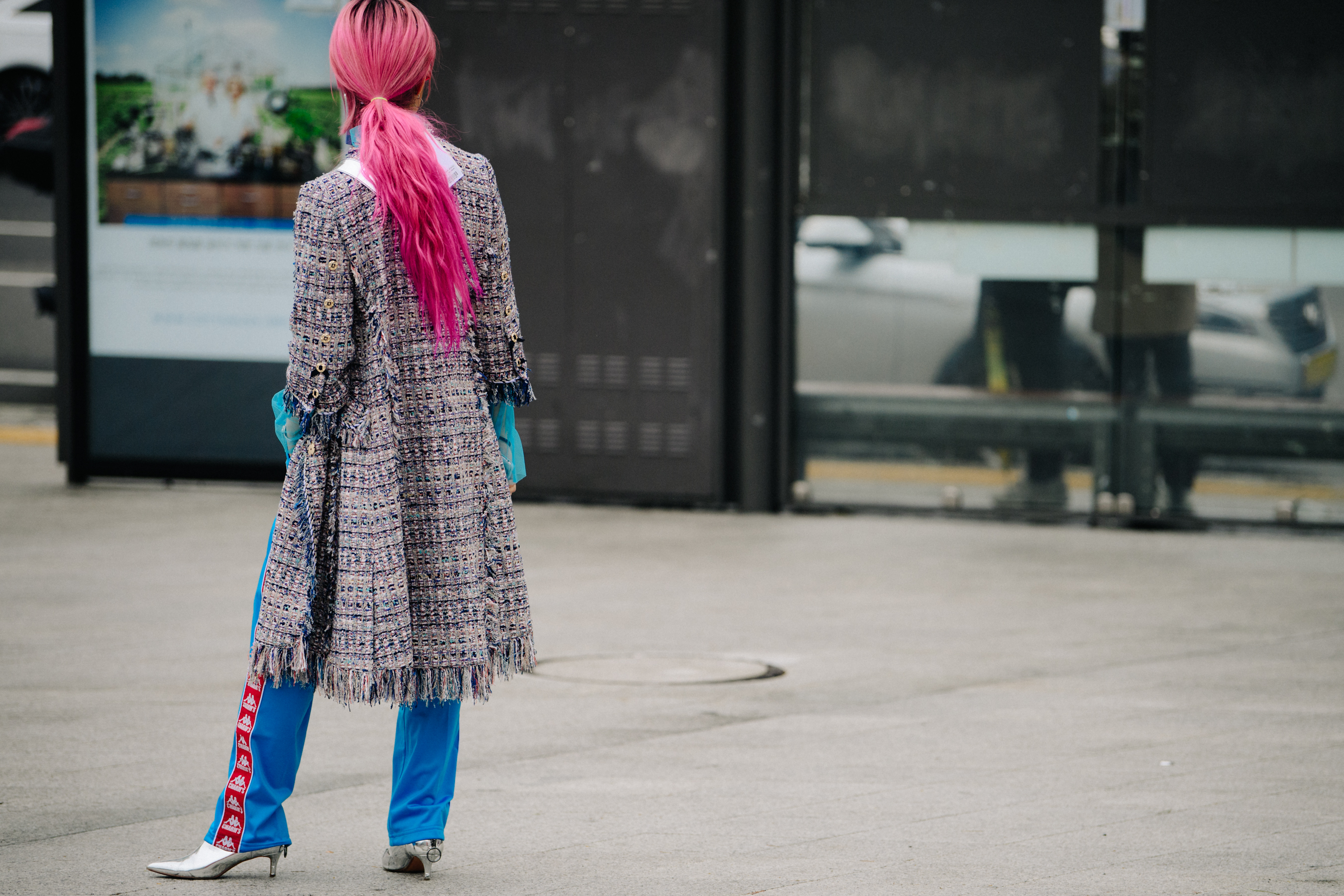 Woman with long pink hair