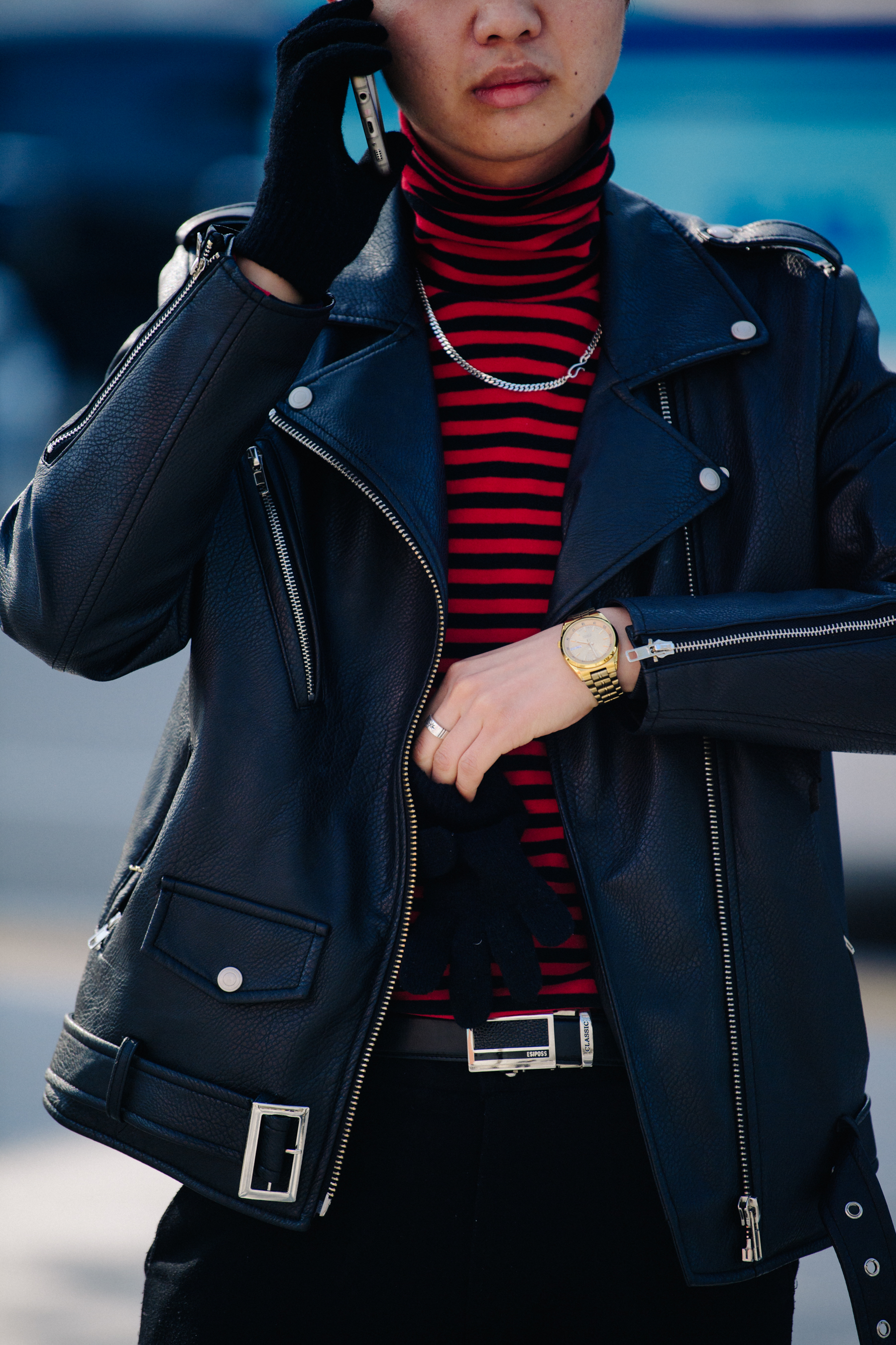 Man wearing black leather jacket