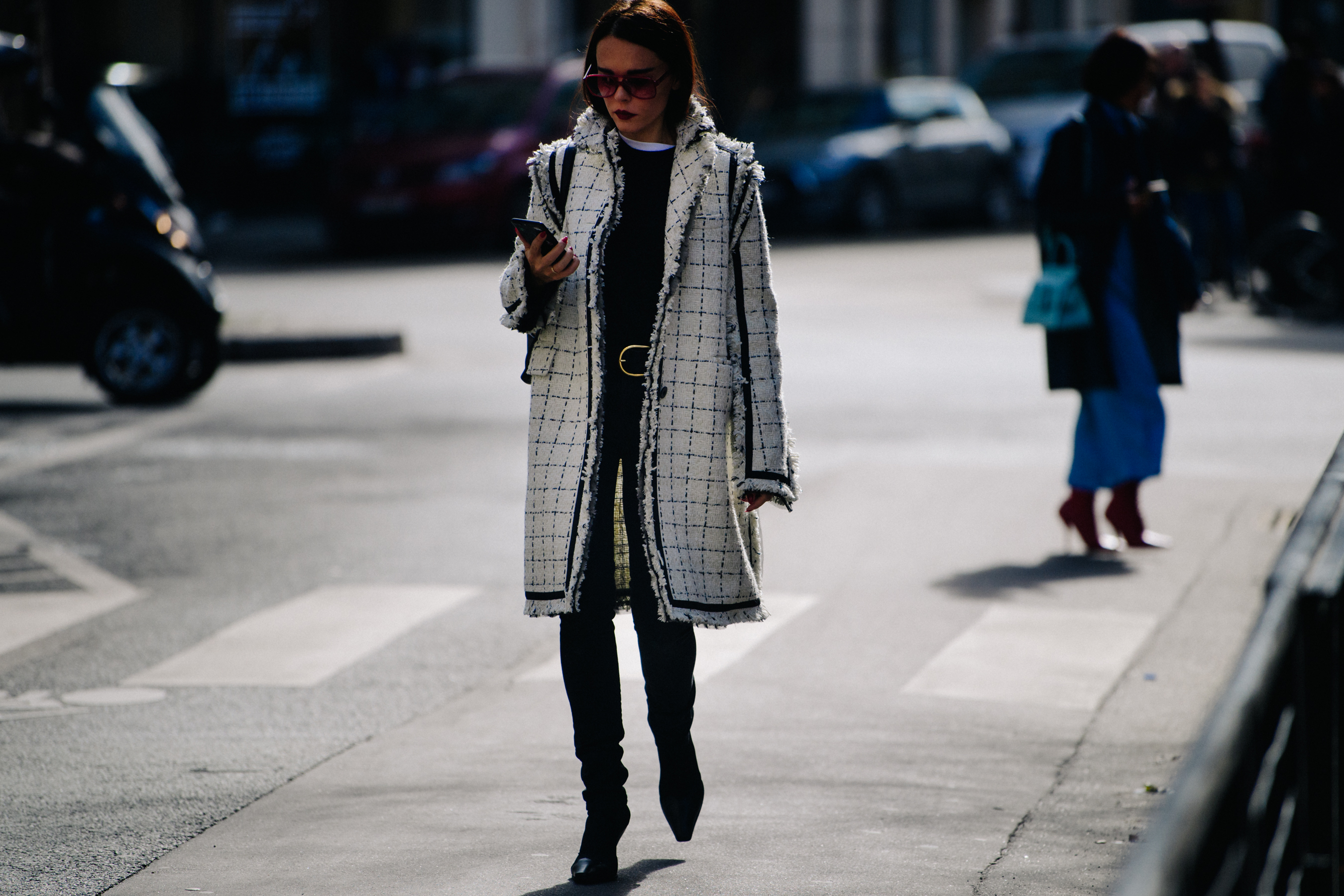Greek blogger wearing check coat