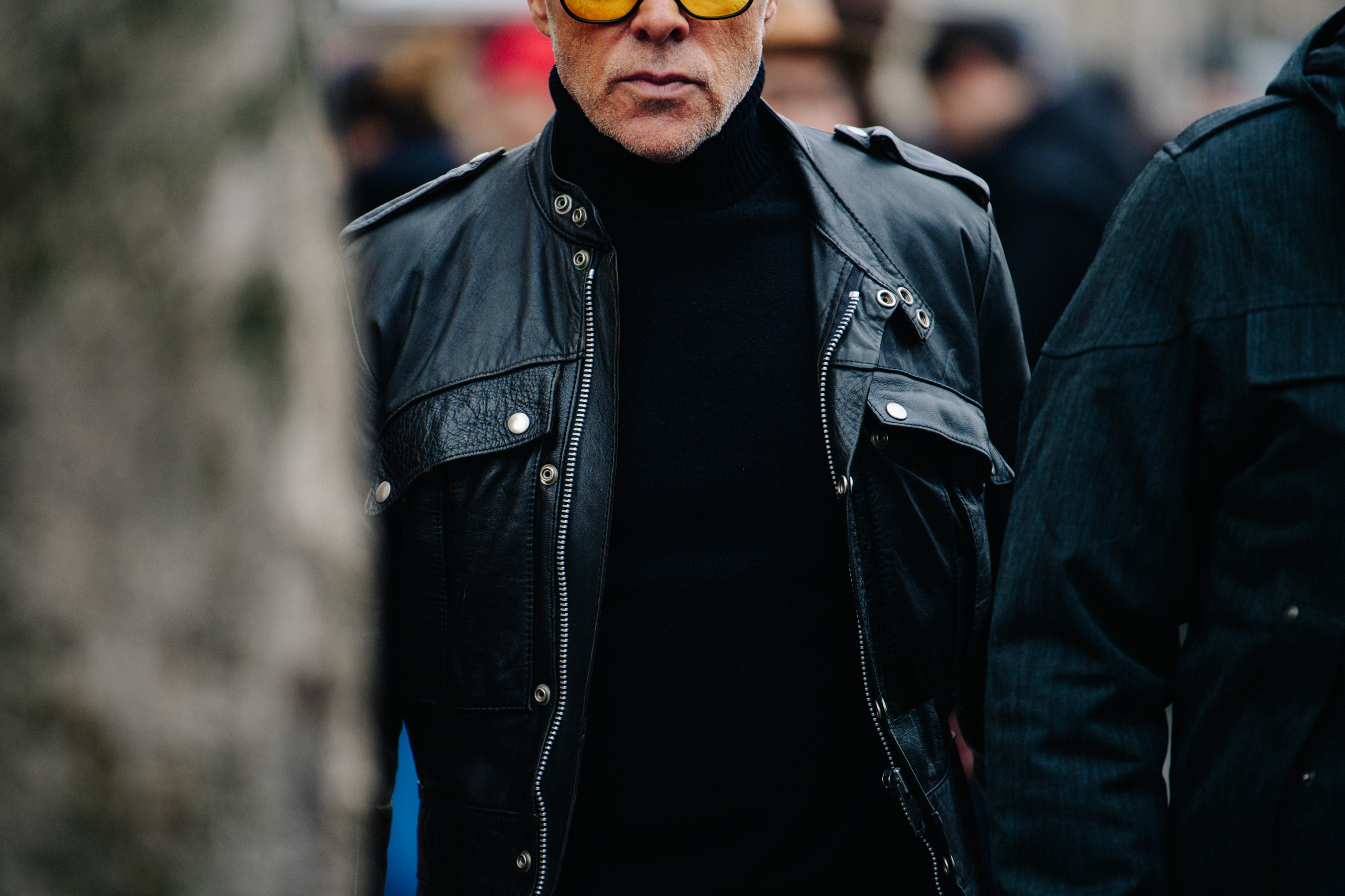 Man wearing black leather jacket