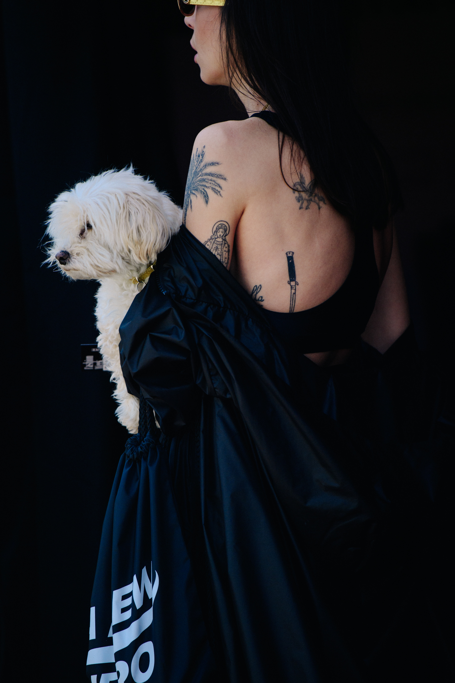 Woman carrying white dog