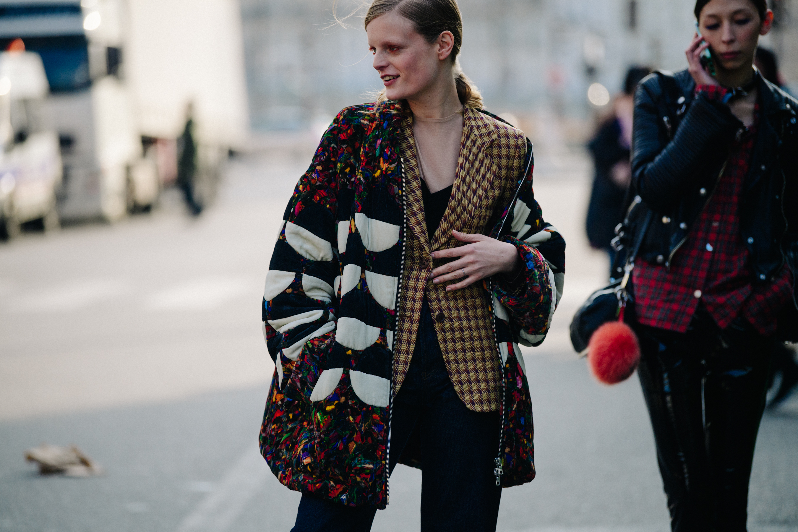 Model wearing colourful coat