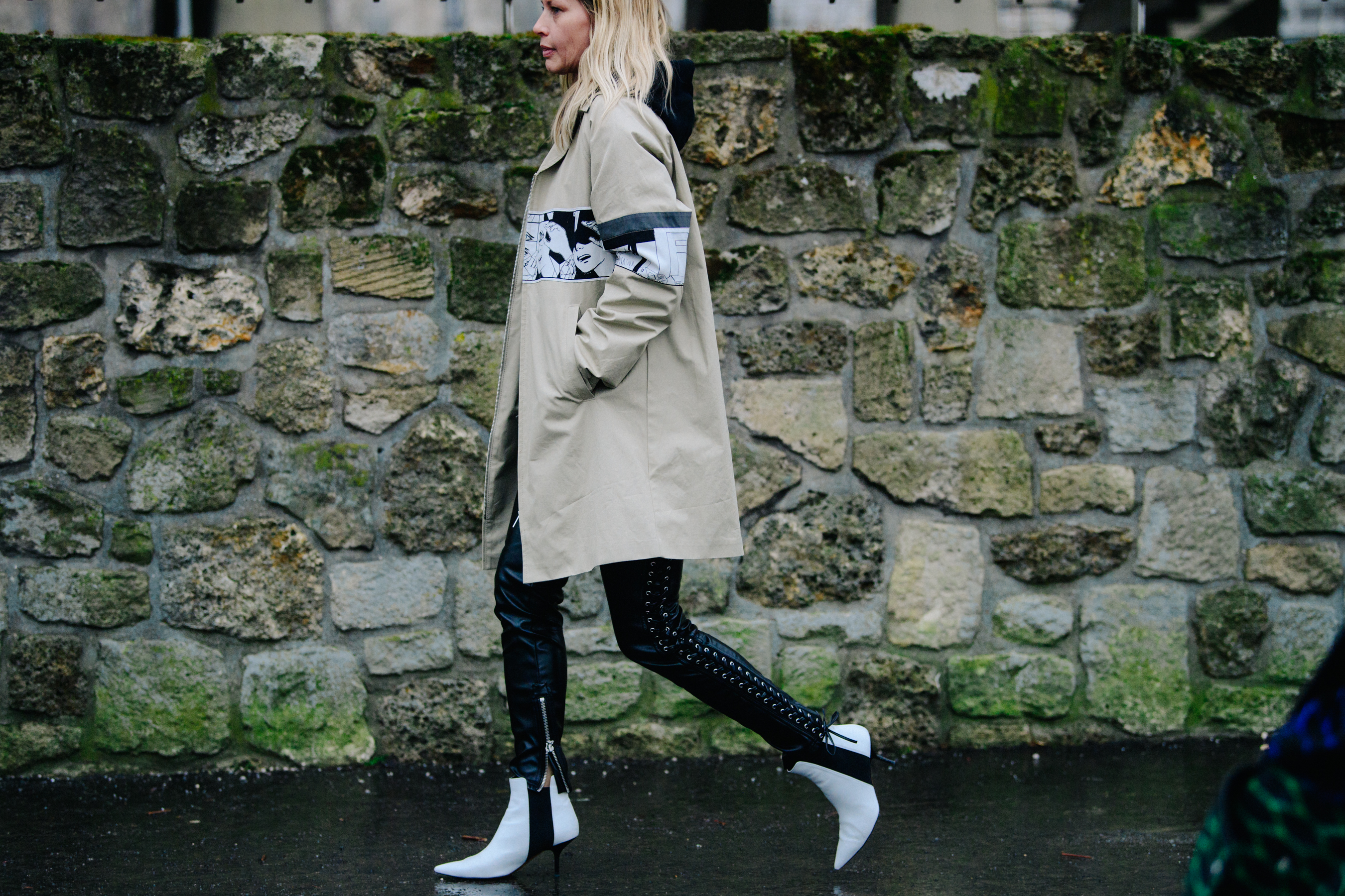 Woman wearing laced leather pants