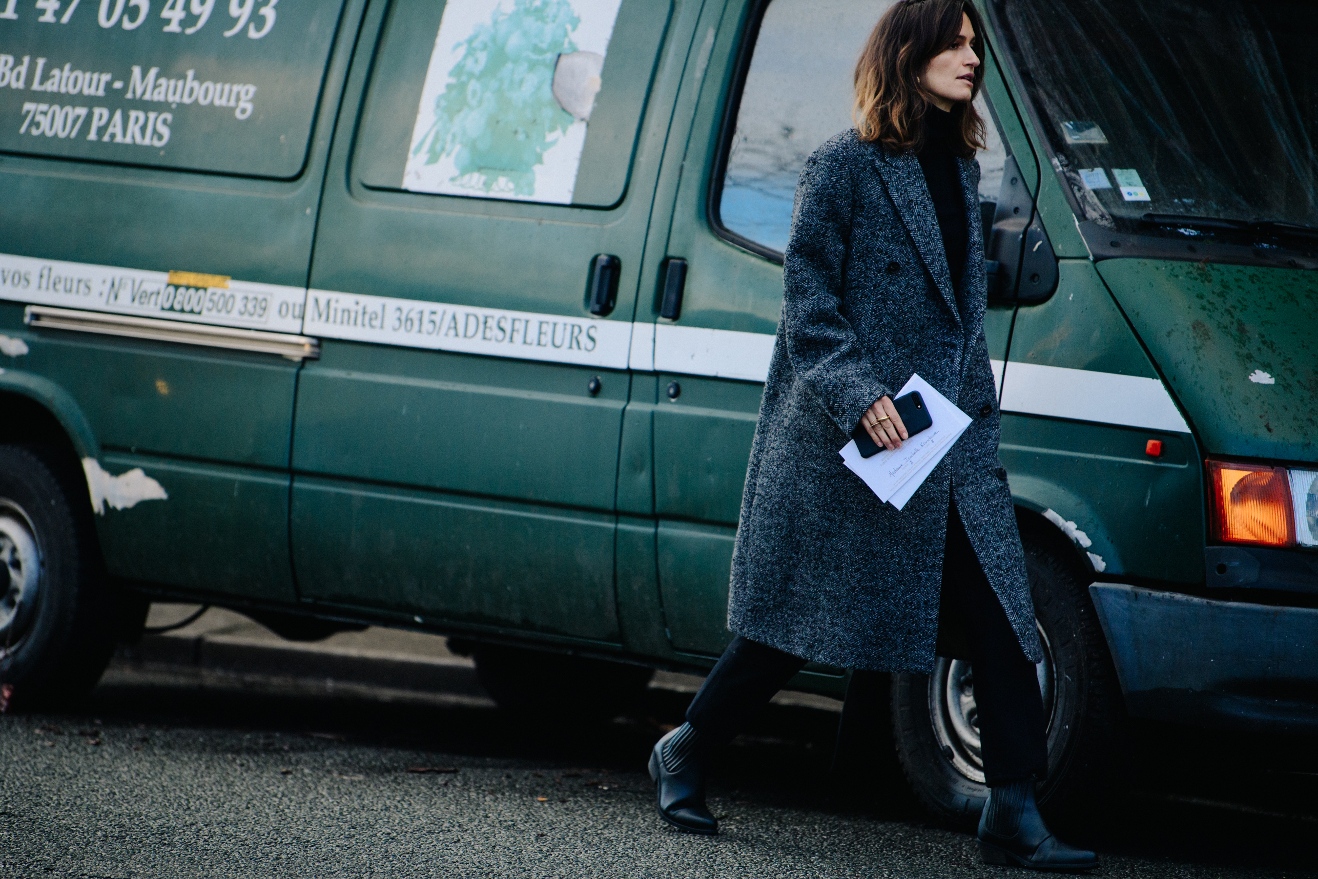 Woman wearing grey wool coat