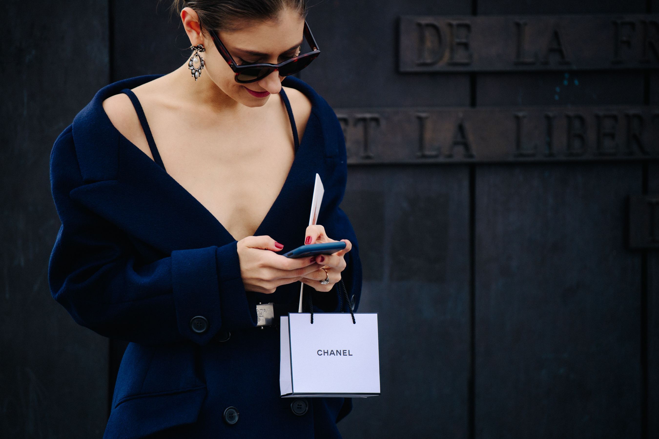 Blogger wearing blue wool coat
