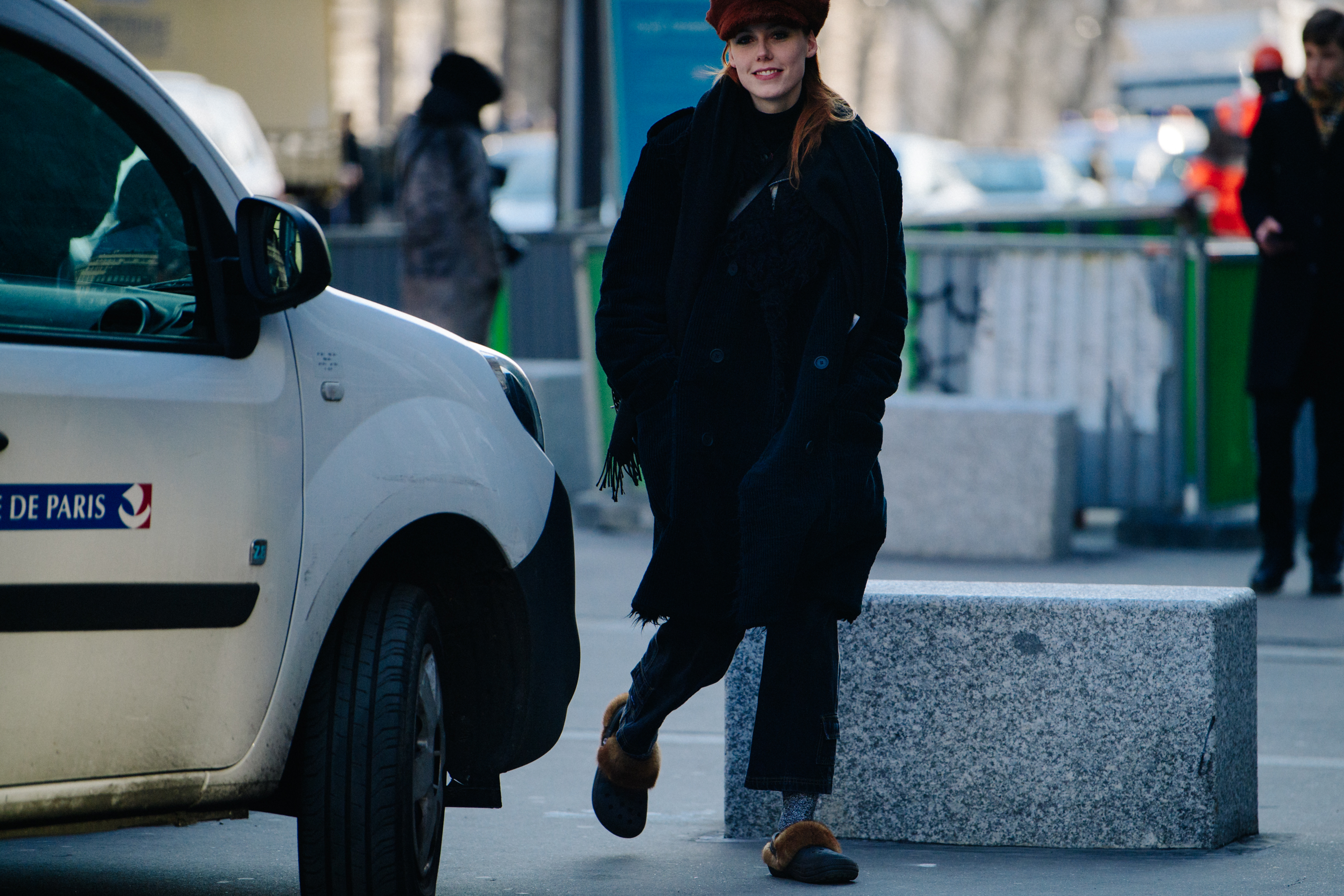 American model wearing furry Crocs
