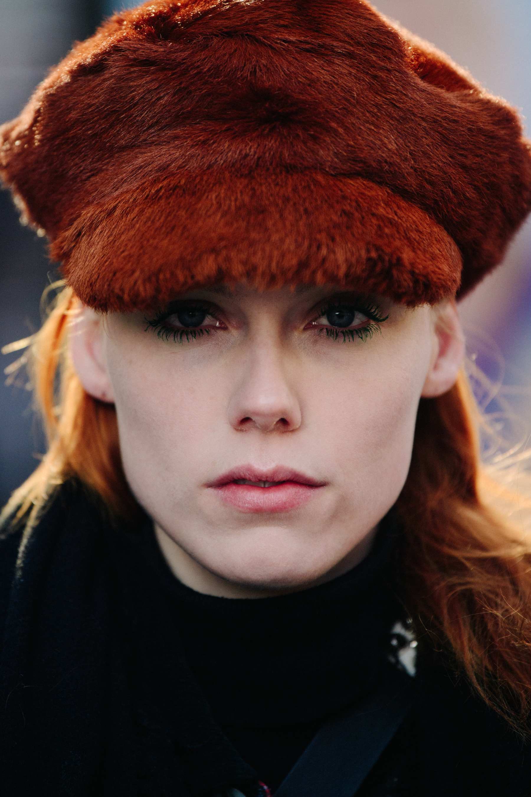 Portrait of American model wearing furry hat