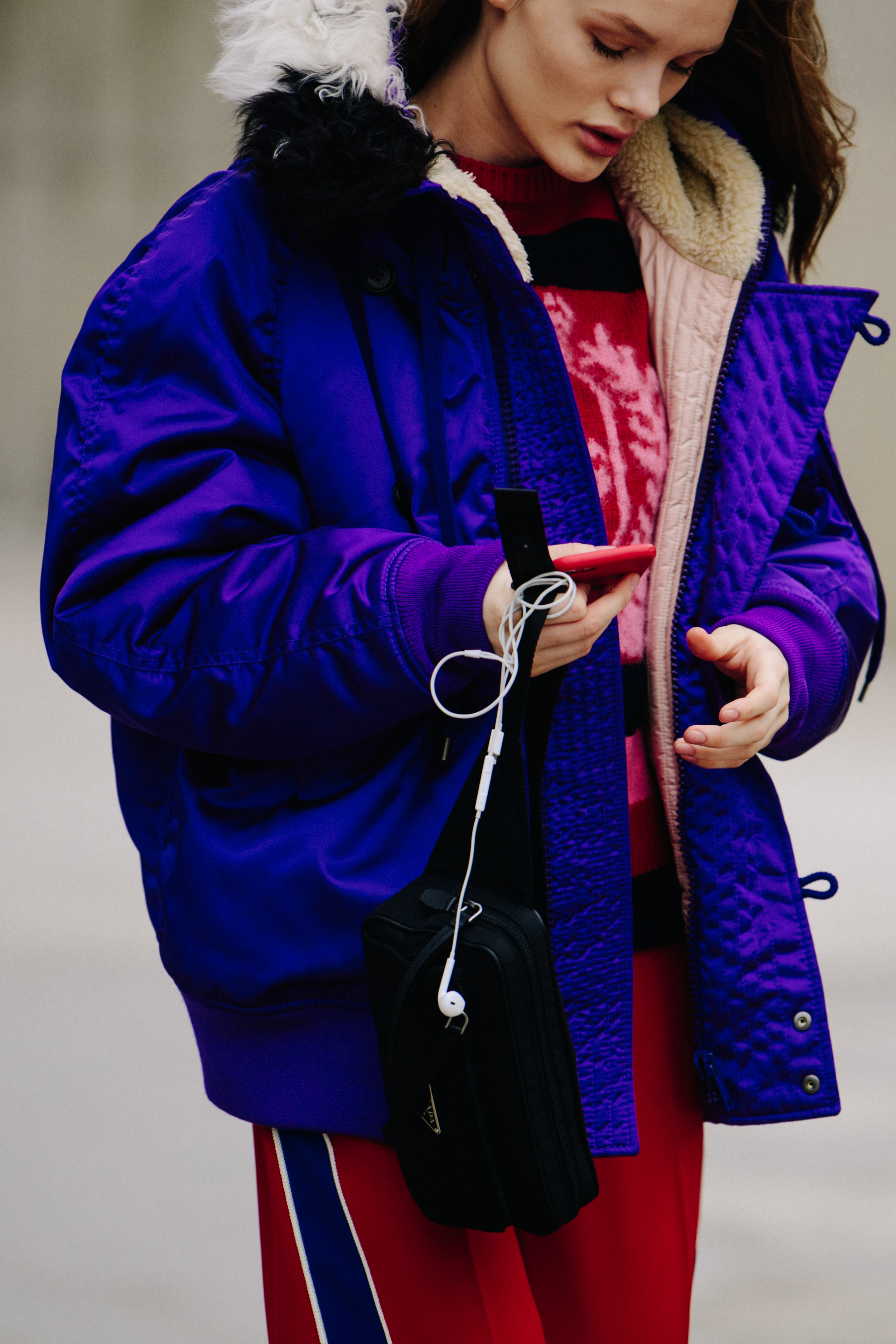 Model wearing purple winter coat