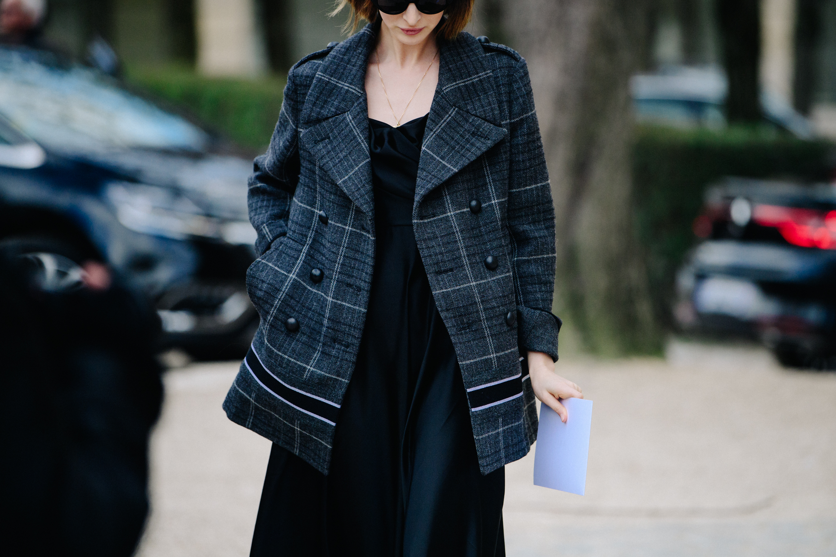 Woman wearing grey wool coat