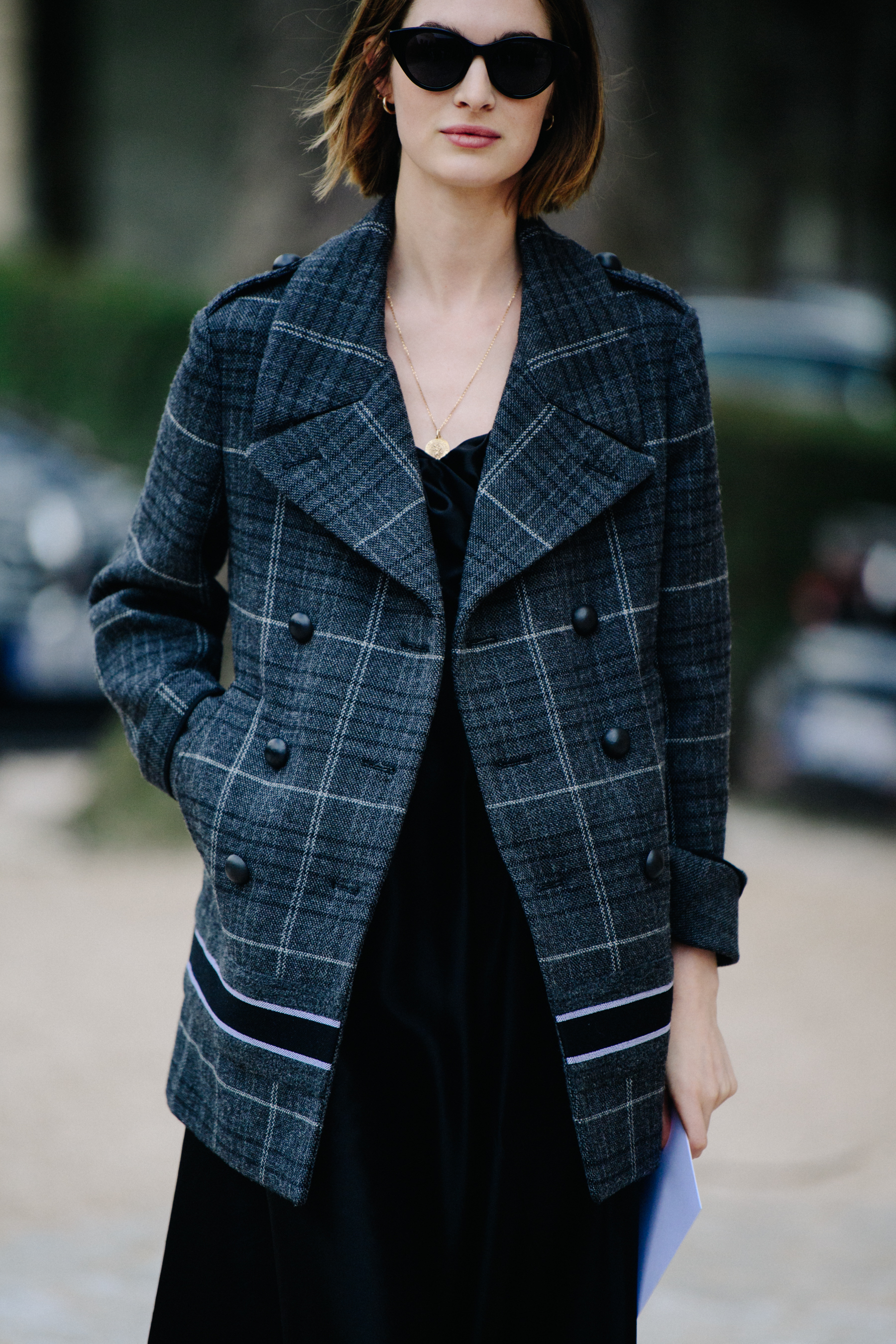 Woman wearing grey wool coat