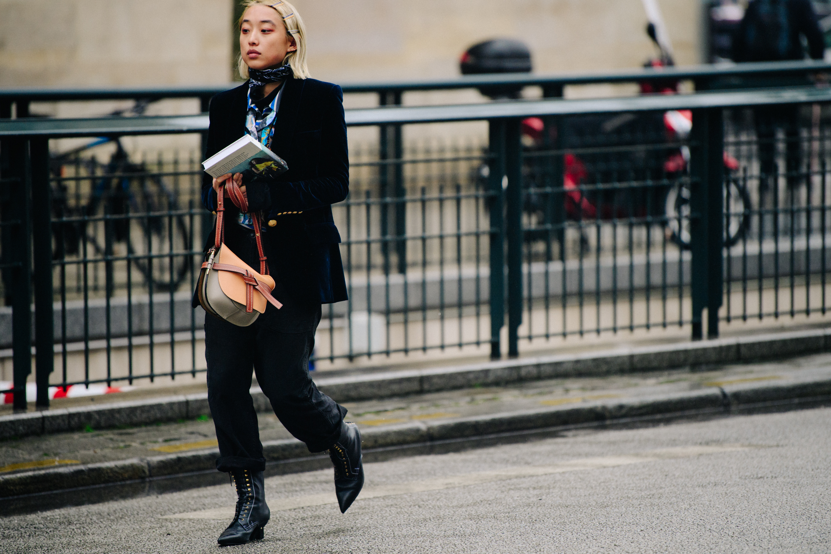 Australian blogger wearing dark velour jacket