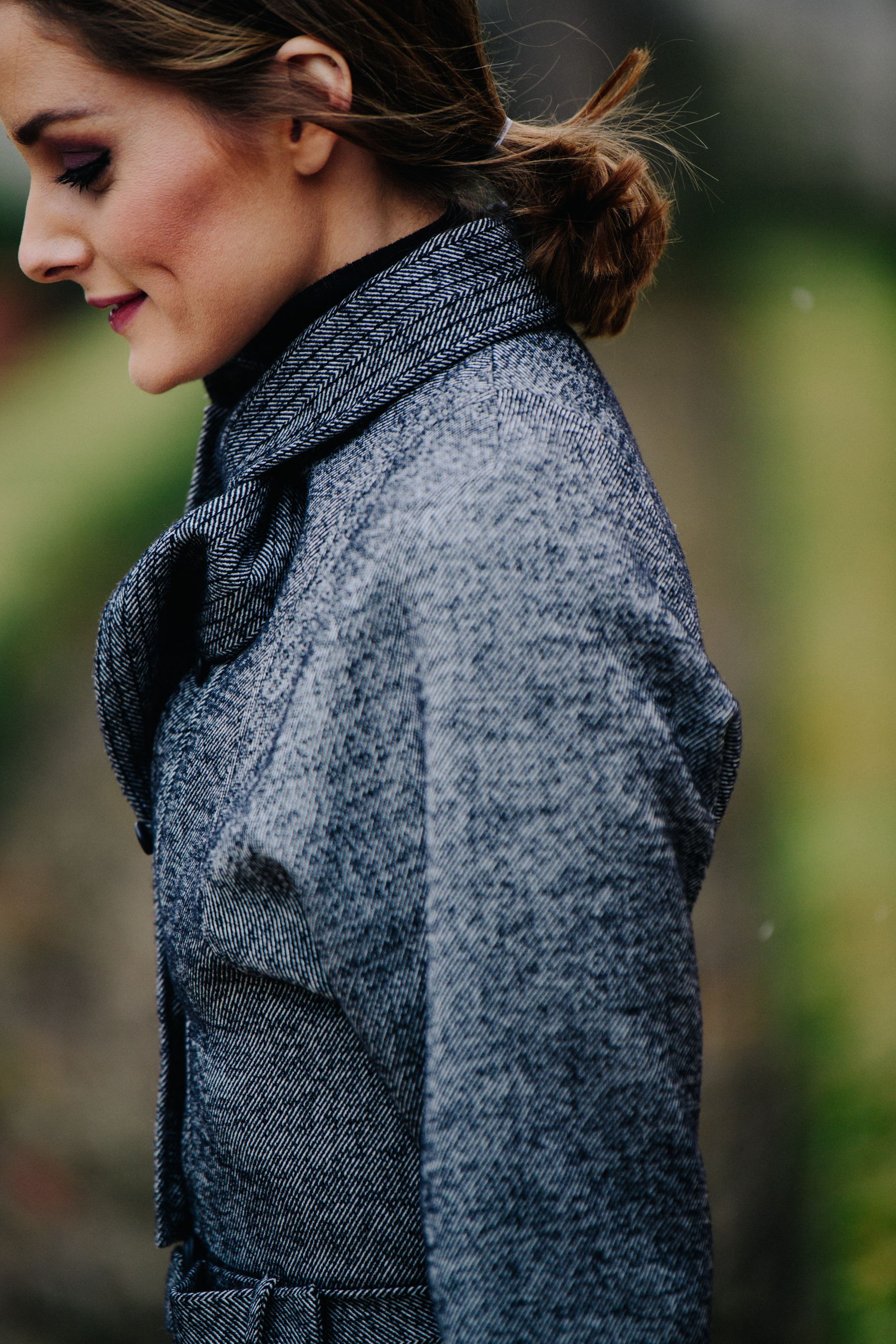 Woman wearing grey wool coat