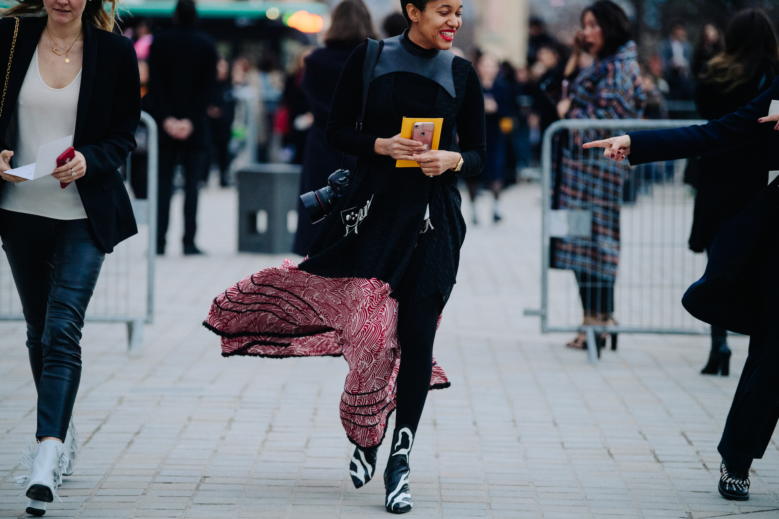 Woman wearing black and red outfit